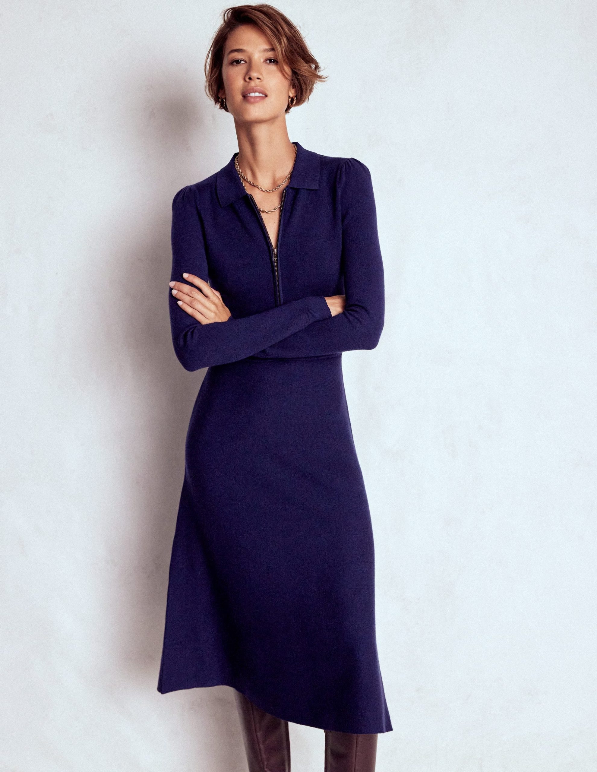 Fiona Zip Front Knitted Dress-Navy - Image 4