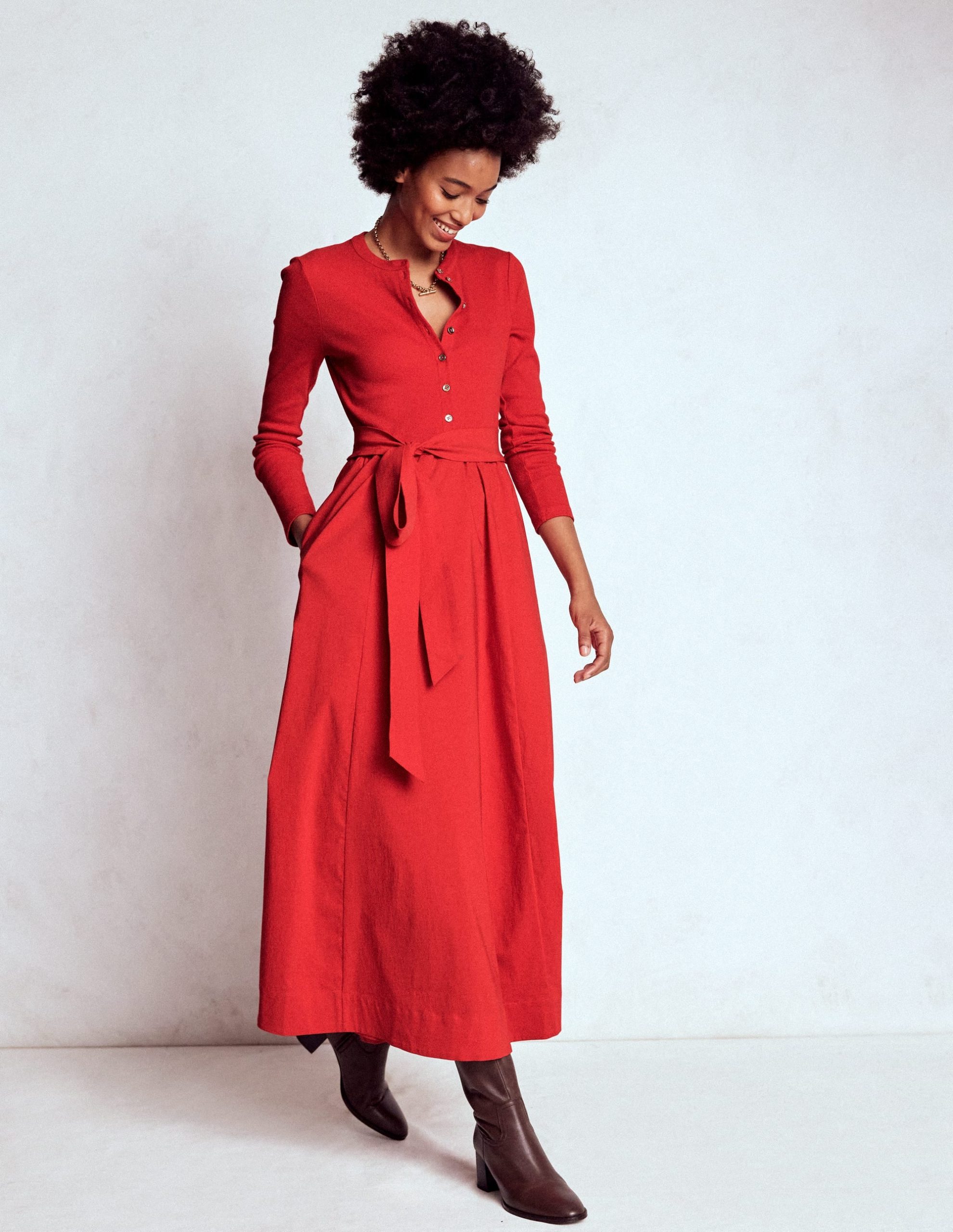 Button Detail Mix Dress-Crimson Red - Image 4