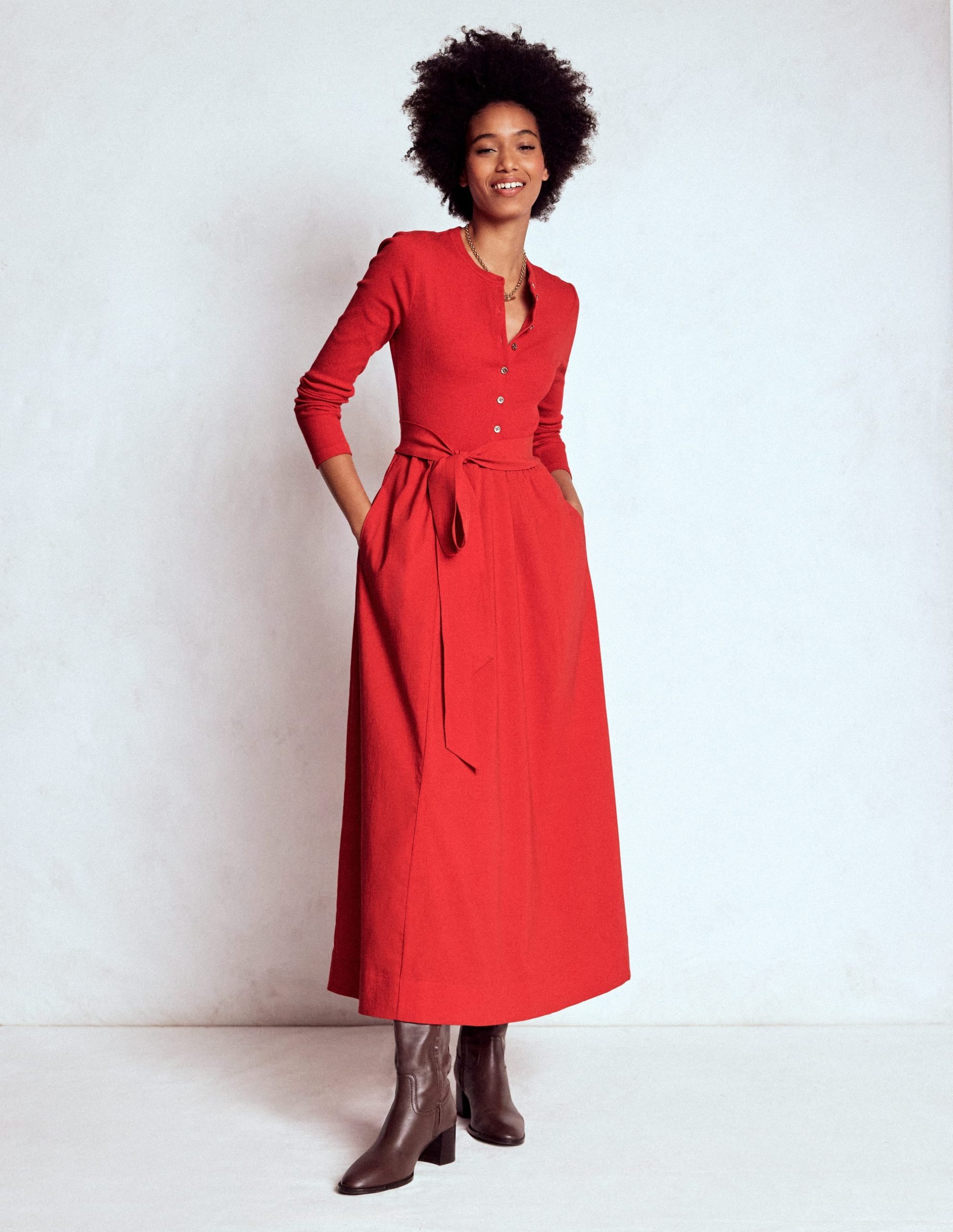 Button Detail Mix Dress-Crimson Red - Image 5