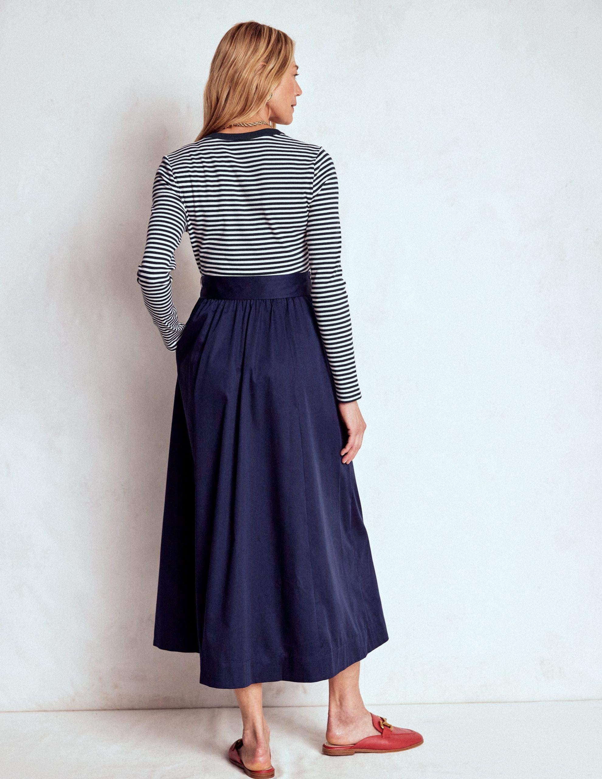 Button Detail Mix Dress-Navy Stripe - Image 3
