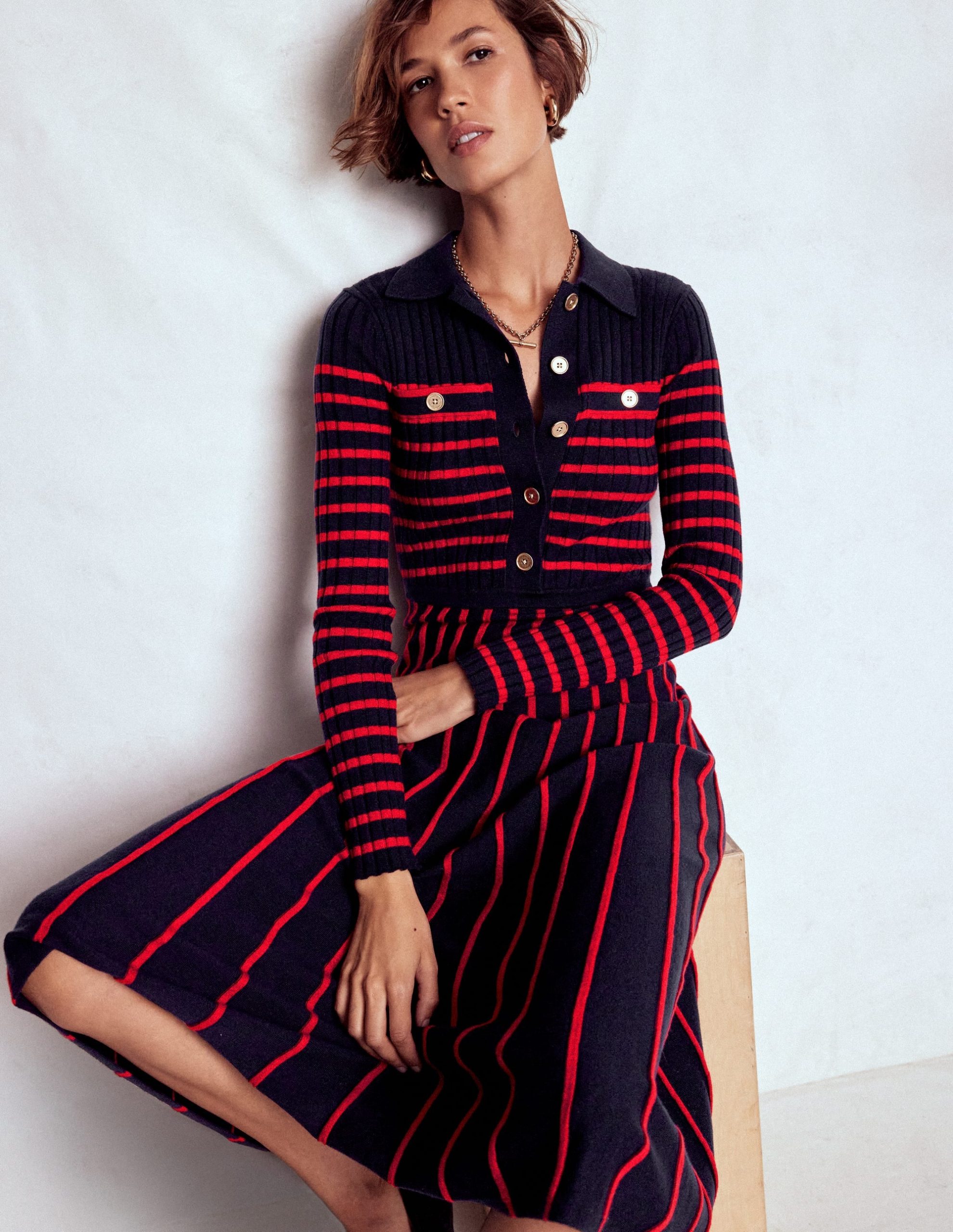 Br?nte Knitted Rib Shirt Dress-Navy and Red Stripe - Image 2