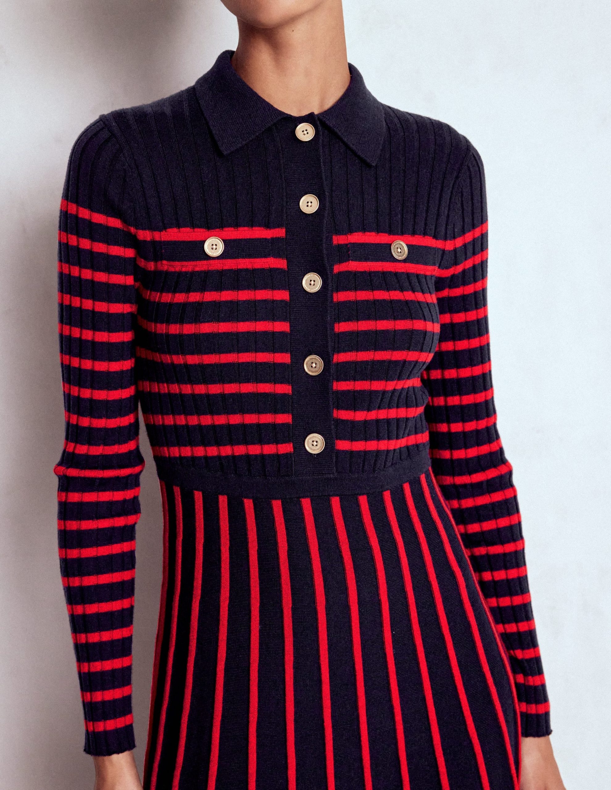 Br?nte Knitted Rib Shirt Dress-Navy and Red Stripe - Image 3