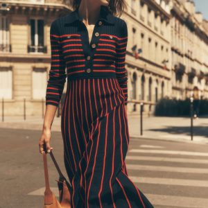 Br?nte Knitted Rib Shirt Dress-Navy and Red Stripe