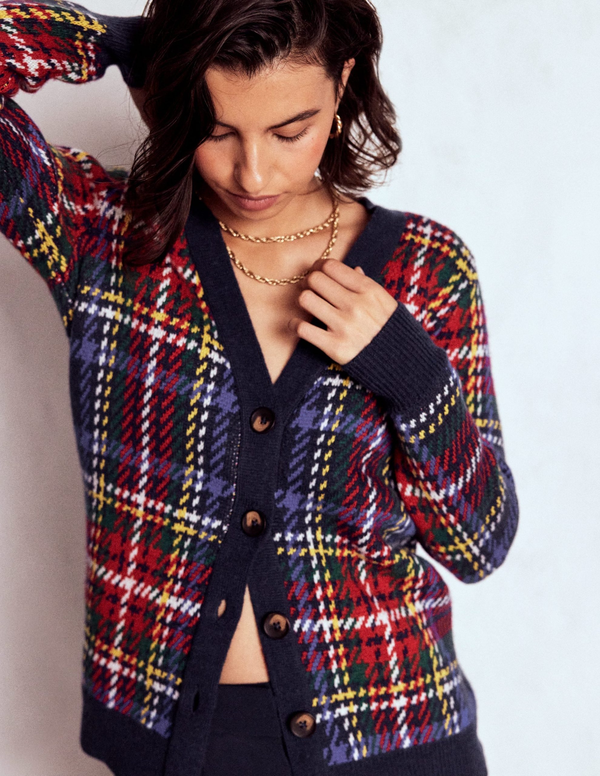 Quinn Boyfriend Cardigan-Navy. Green and Red Check - Image 5