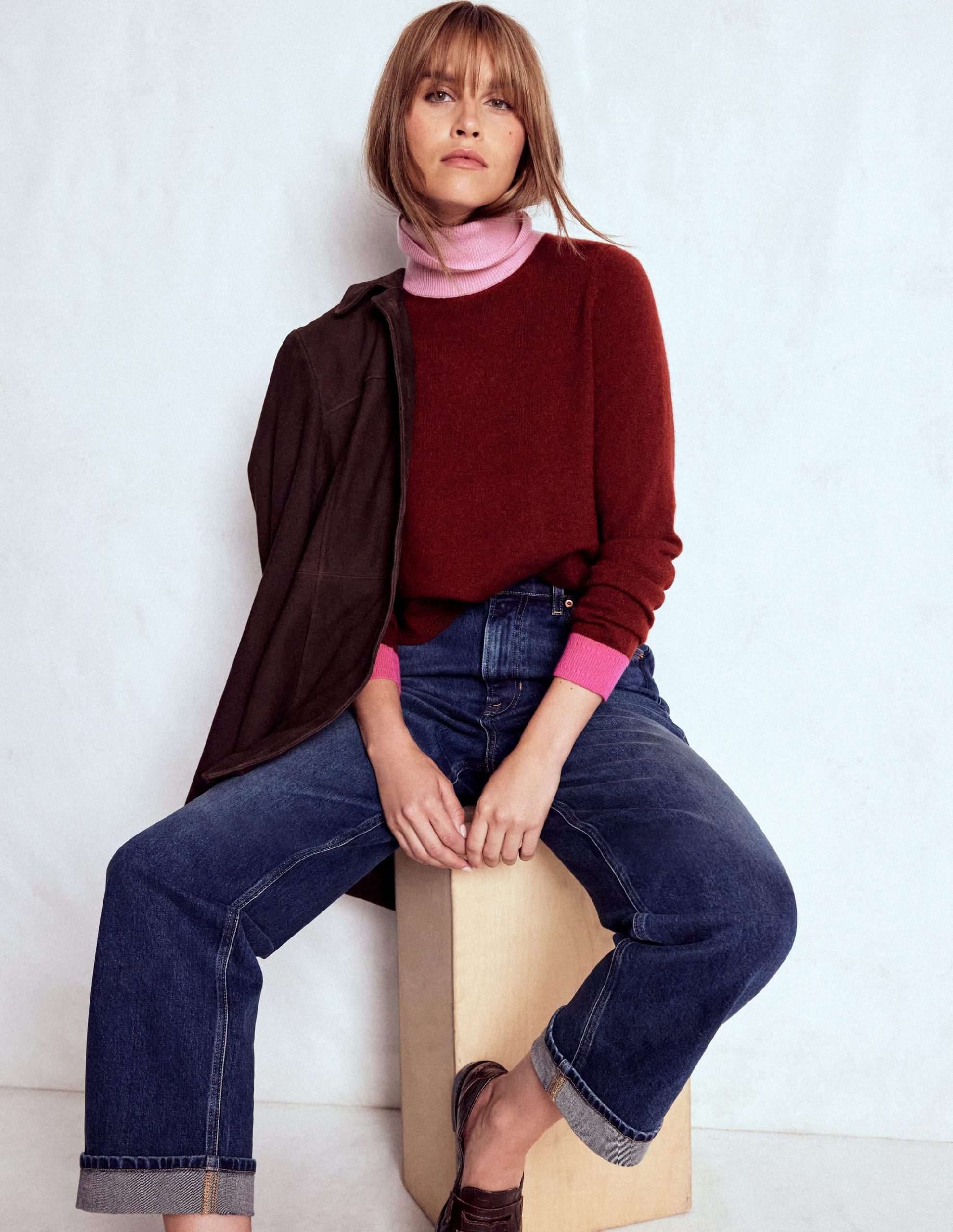 Eva Cashmere Roll Neck Sweater-Chestnut. Colour Block