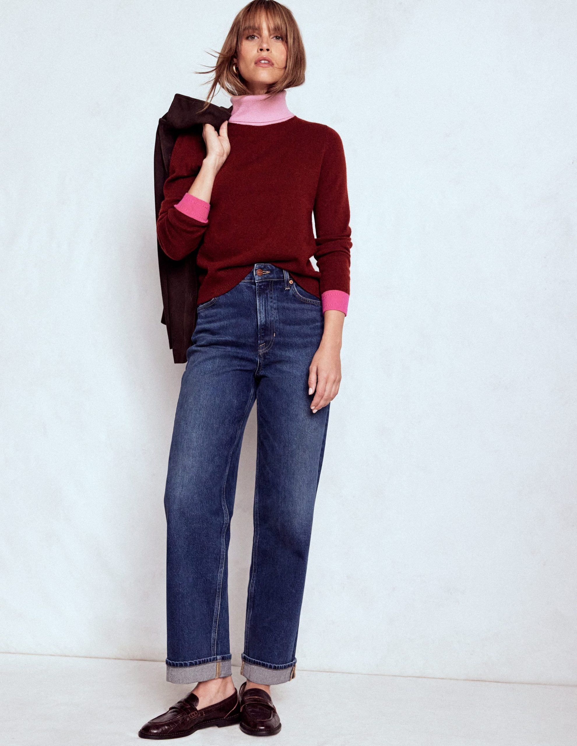 Eva Cashmere Roll Neck Sweater-Chestnut. Colour Block - Image 5