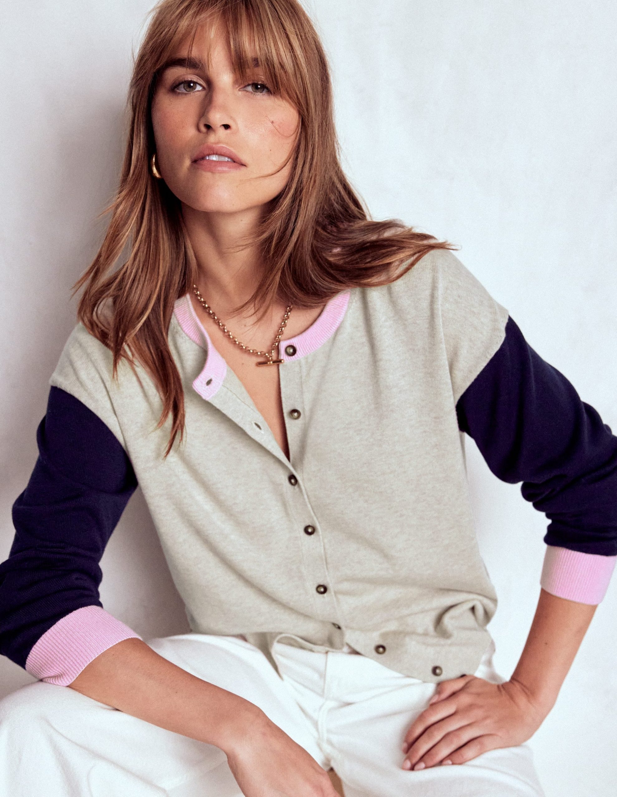 Lara Relaxed Cotton Cardigan-Oatmeal Melange. Navy