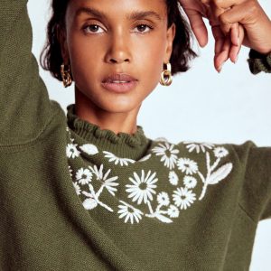Embroidered Frill Sweater-Woodland Green Melange