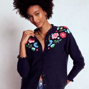 Embroidered Frill Cardigan-Navy