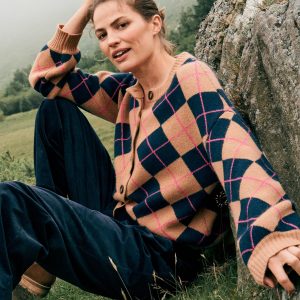 Abi Jacquard Cardigan-Camel. Navy Argyle