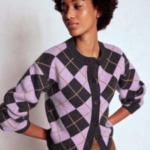 Abi Jacquard Cardigan-Lilac. Charcoal Melange Argyle