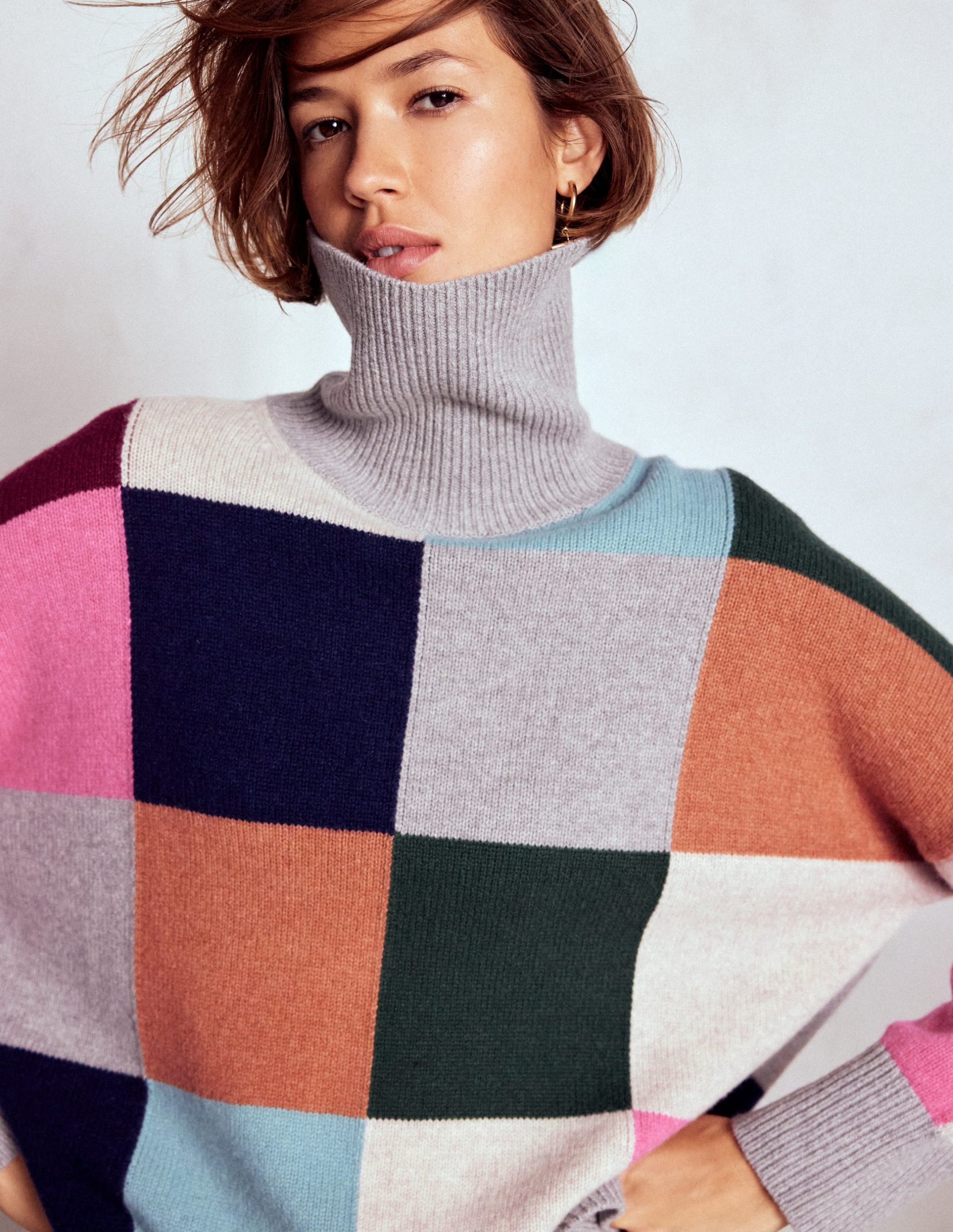 Polly Merino Roll Neck Sweater-Grey Marl Check - Image 2