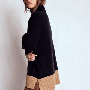 Polly Merino Roll Neck Sweater-Navy. Warm Taupe Colour Block