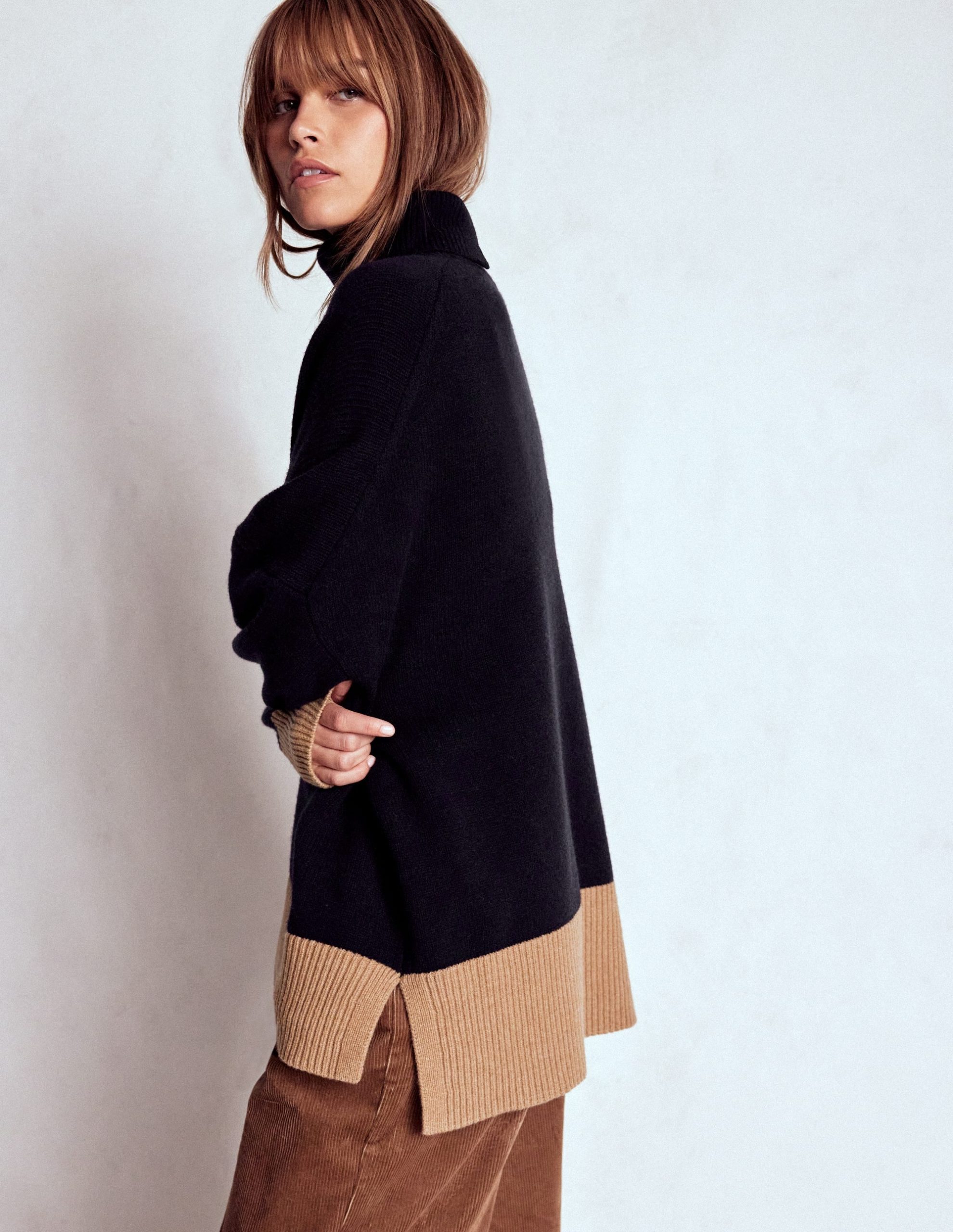 Polly Merino Roll Neck Sweater-Navy. Warm Taupe Colour Block