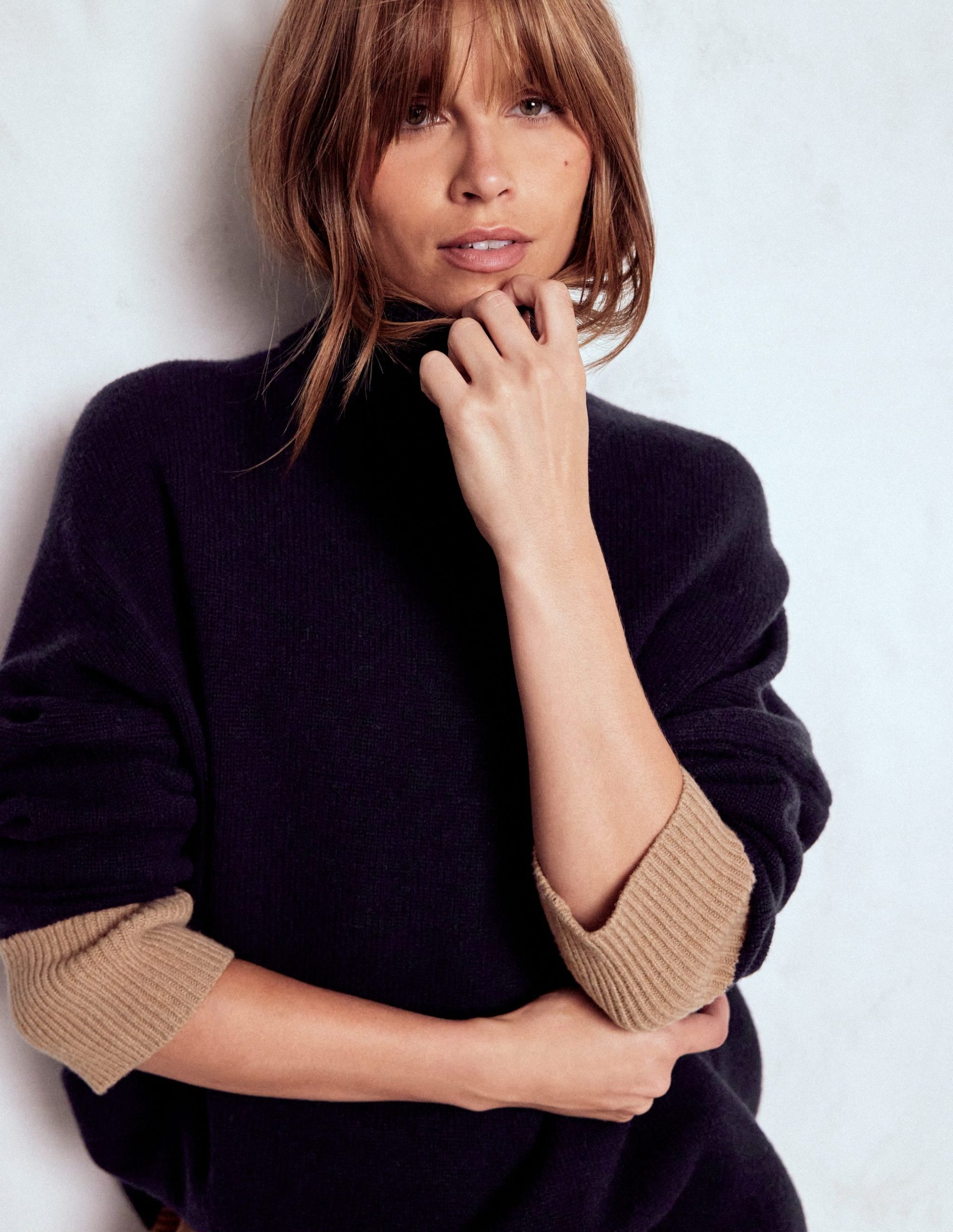 Polly Merino Roll Neck Sweater-Navy. Warm Taupe Colour Block - Image 2