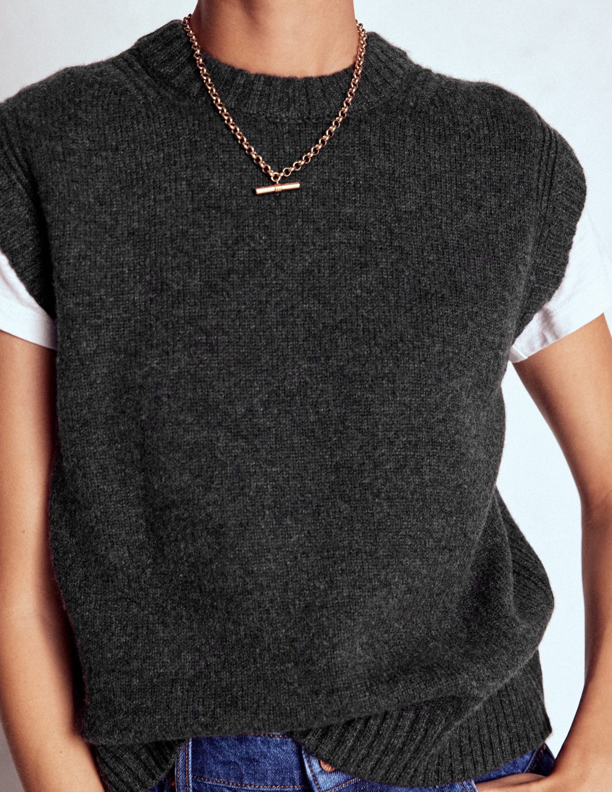 Cashmere Ribbed Trim Vest-Charcoal Melange - Image 3