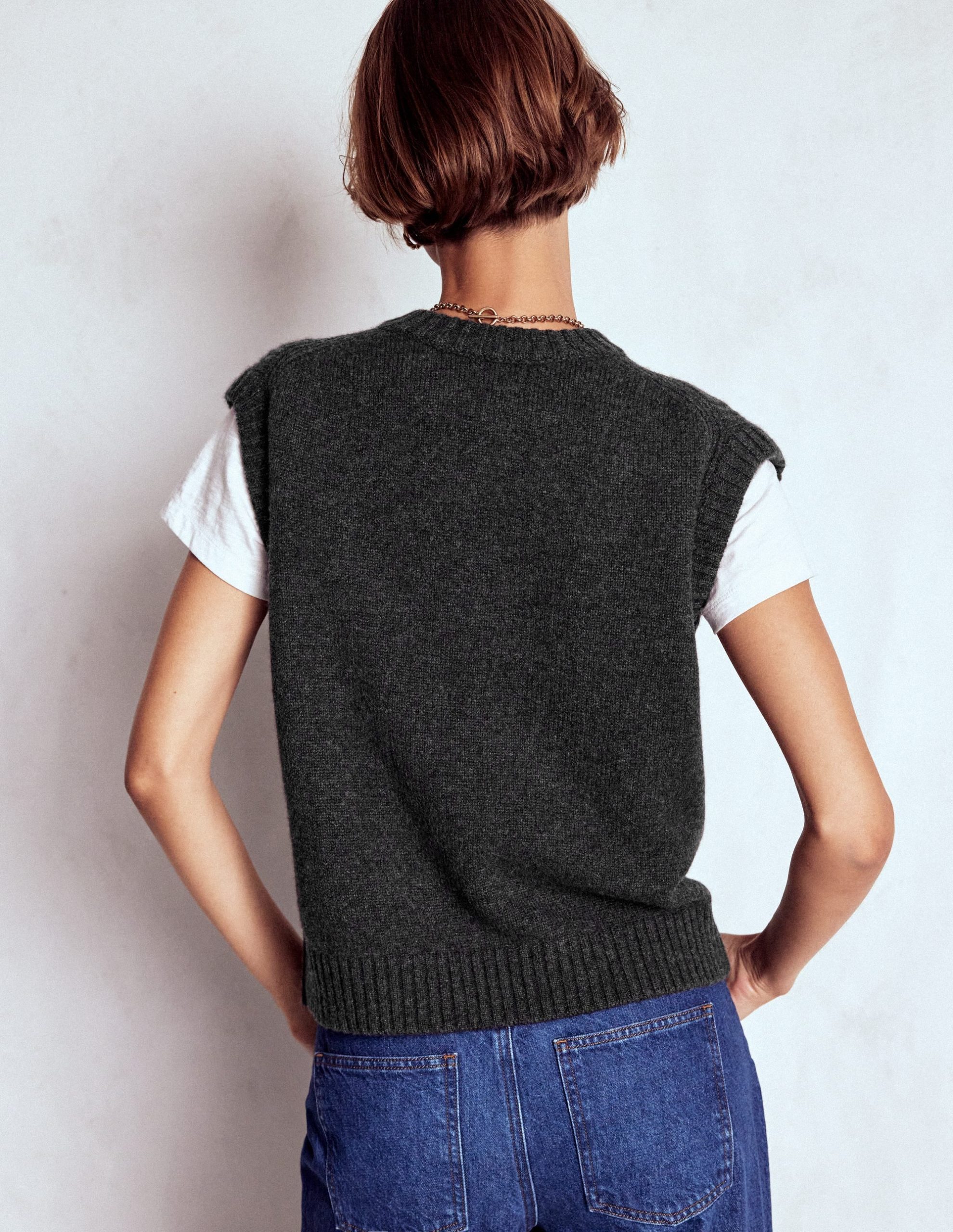 Cashmere Ribbed Trim Vest-Charcoal Melange - Image 4