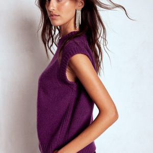 Cashmere Ribbed Trim Vest-Purple