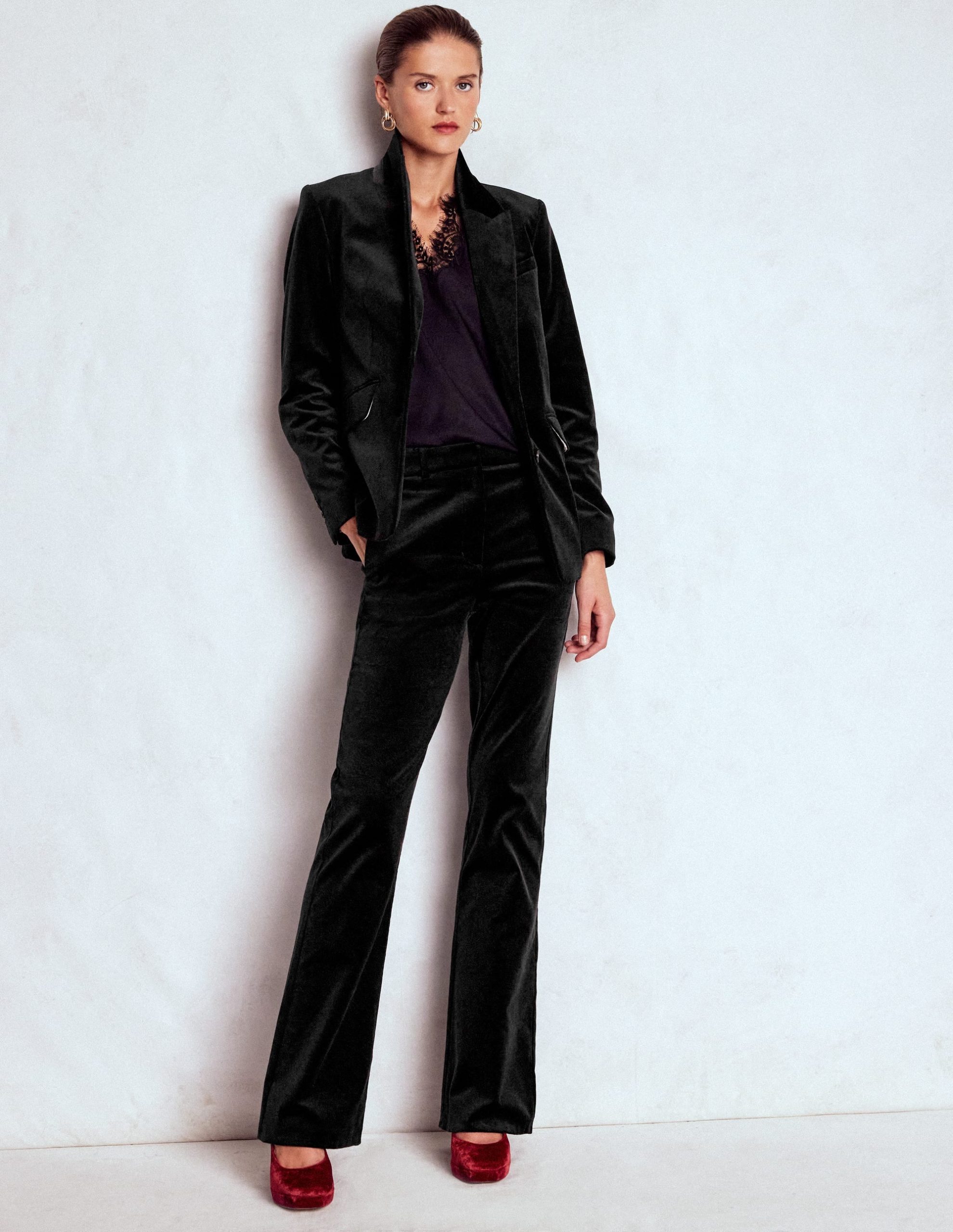 Fitted Velvet Flare Pants-Black - Image 6