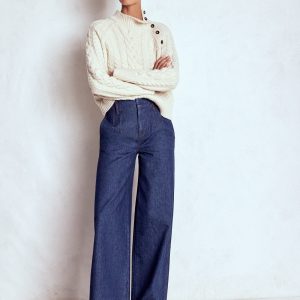 Stitch Detail Wide Leg Jeans-Indigo