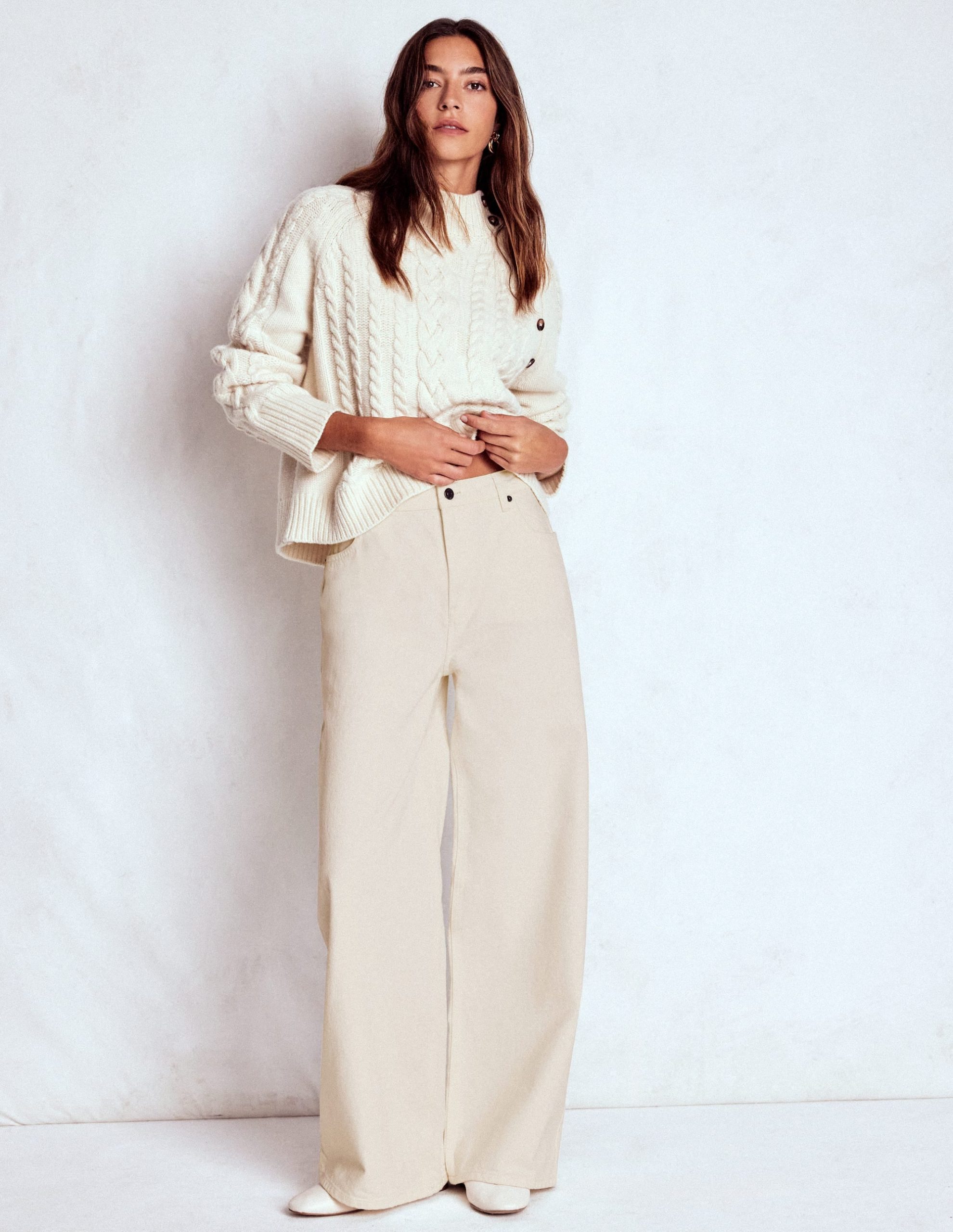 High Waist Wide Leg Jeans-Ecru