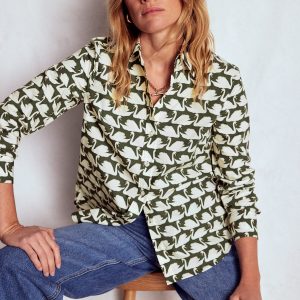 Sienna Cotton Shirt-Green. Geo Swan