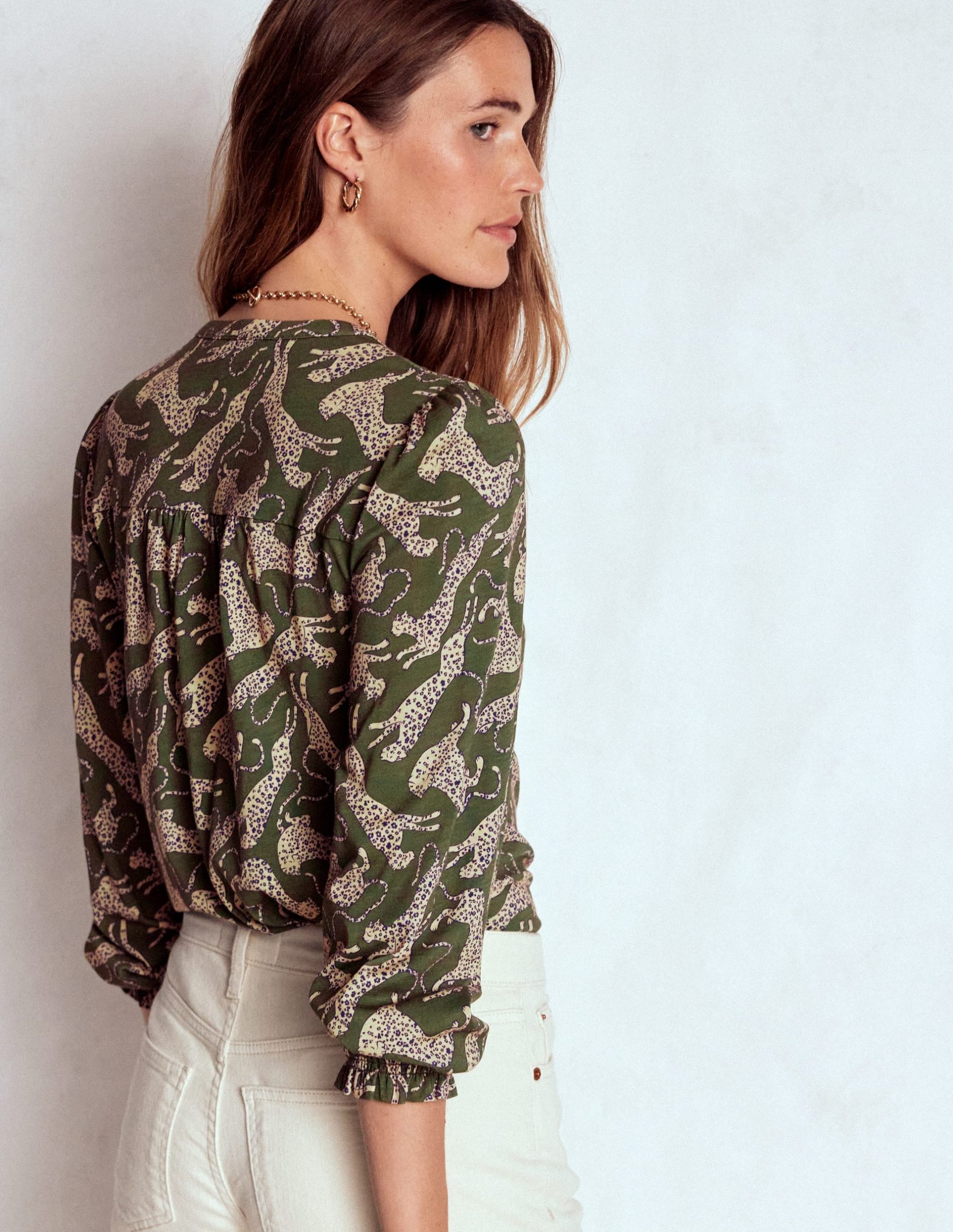 Elsa Smocked Yoke Jersey Shirt-Green. Leaping Leopard - Image 3