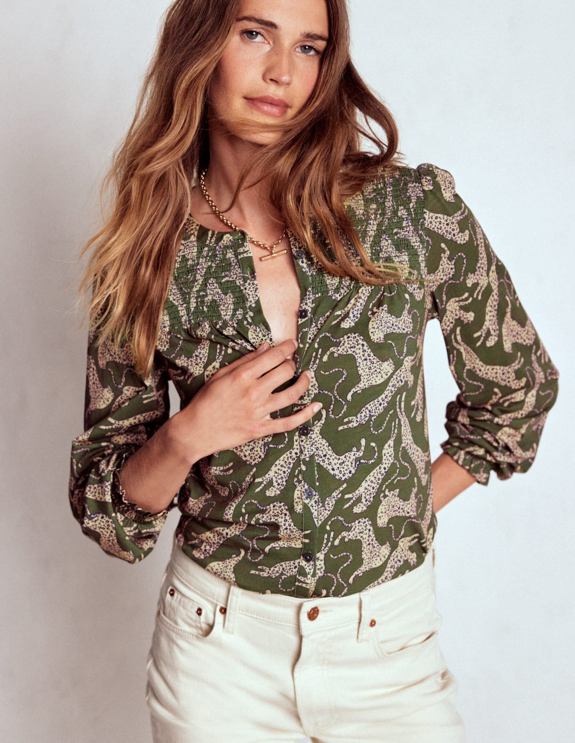 Elsa Smocked Yoke Jersey Shirt-Green. Leaping Leopard - Image 4