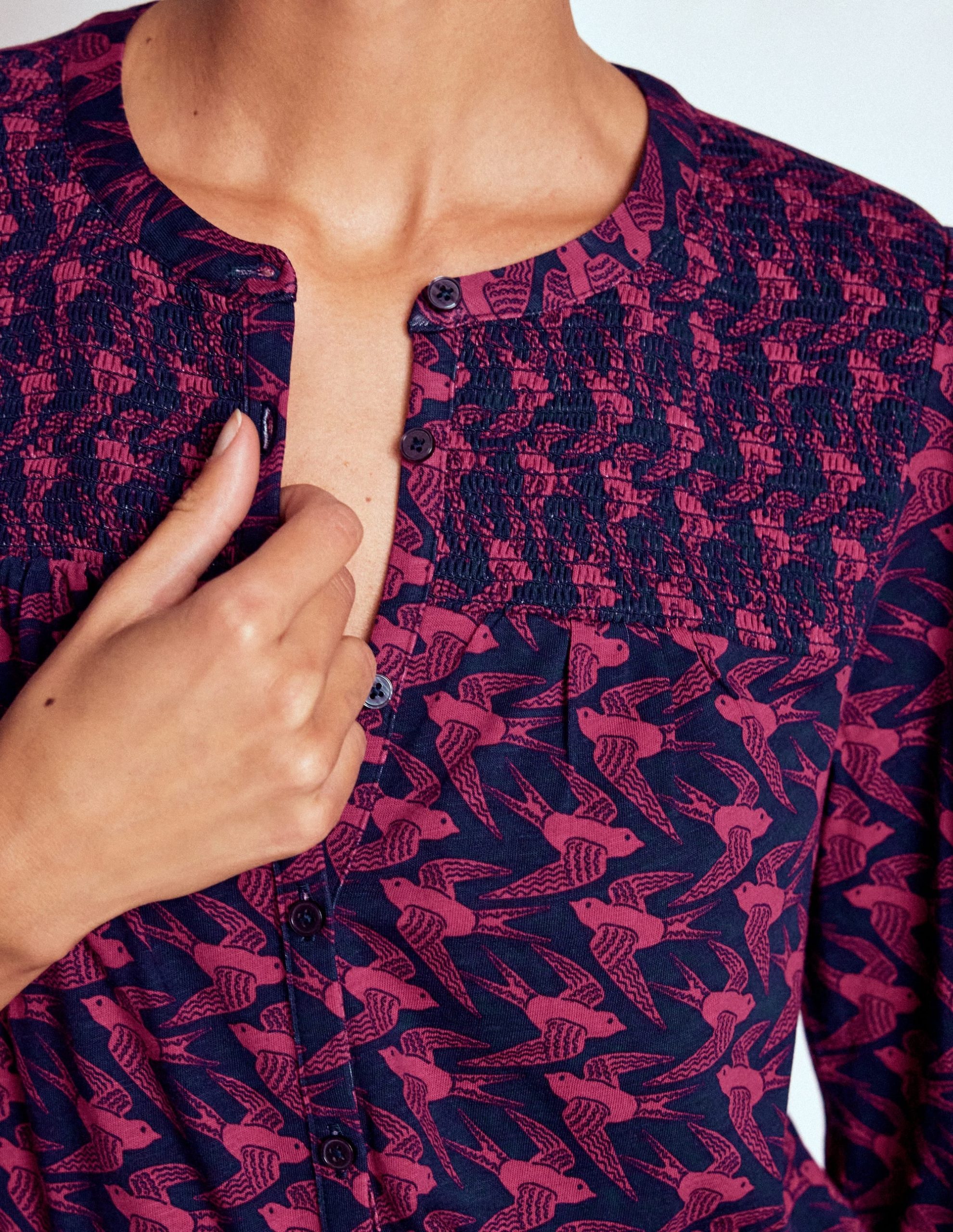 Elsa Smocked Yoke Jersey Shirt-French Navy. Swooping Swallow - Image 2