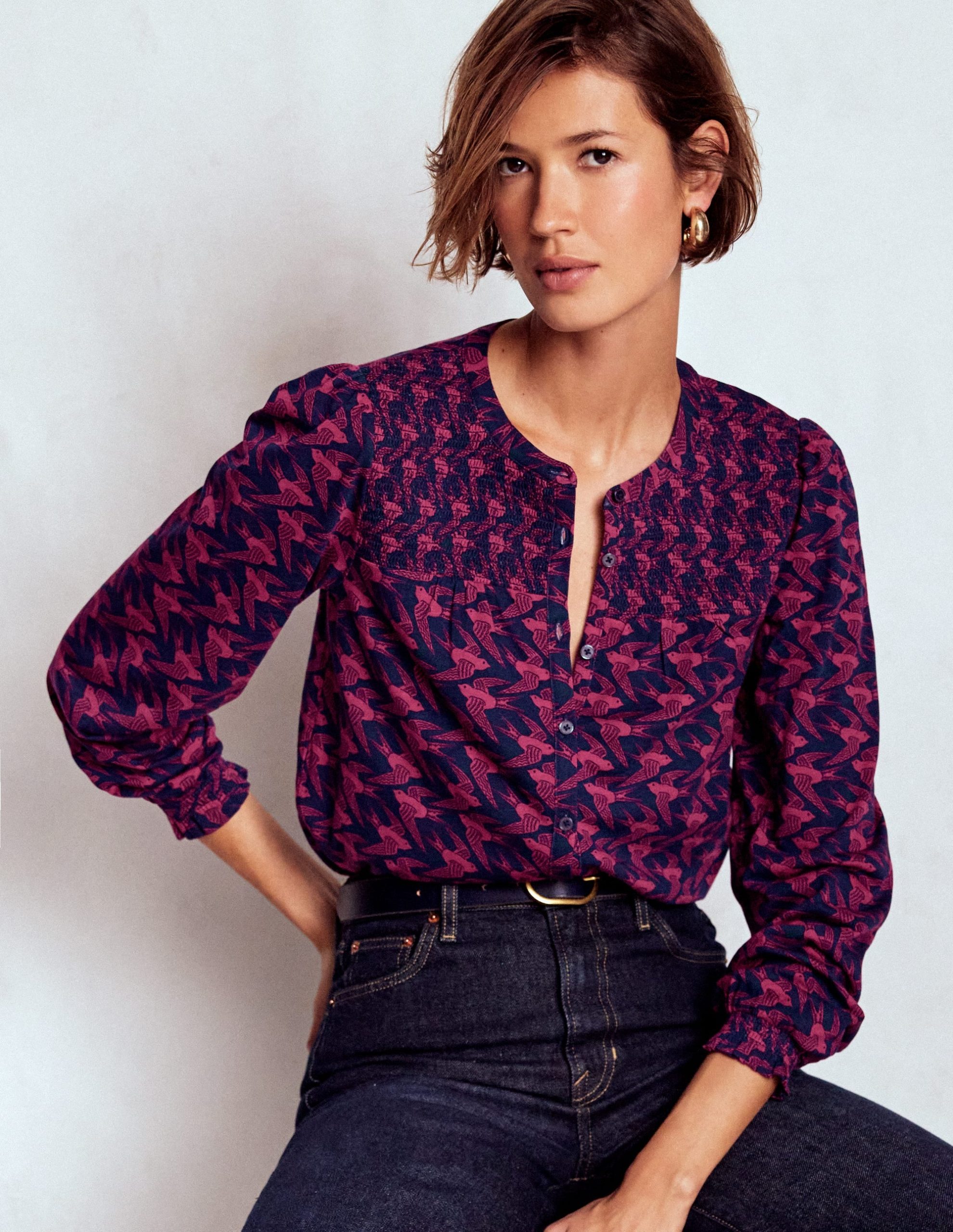 Elsa Smocked Yoke Jersey Shirt-French Navy. Swooping Swallow - Image 4