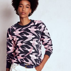 Rosa Printed Sweatshirt-Navy. Pink Swooping Swallow