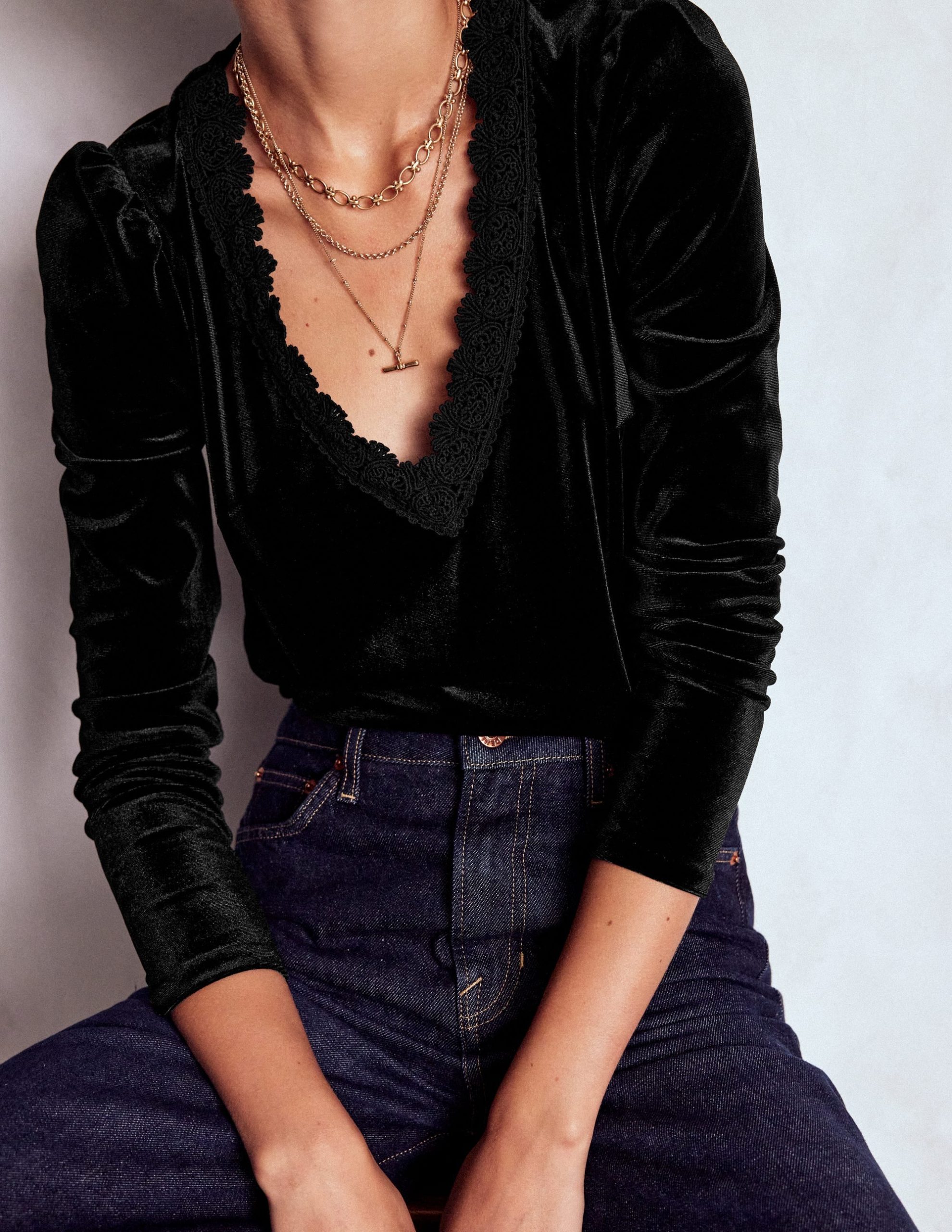 Flora V-Neck Velvet Top-Black - Image 2