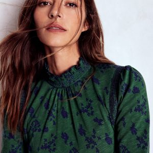 Tia Smocked Neck Jersey Top-Dark Green. Dainty Meadow