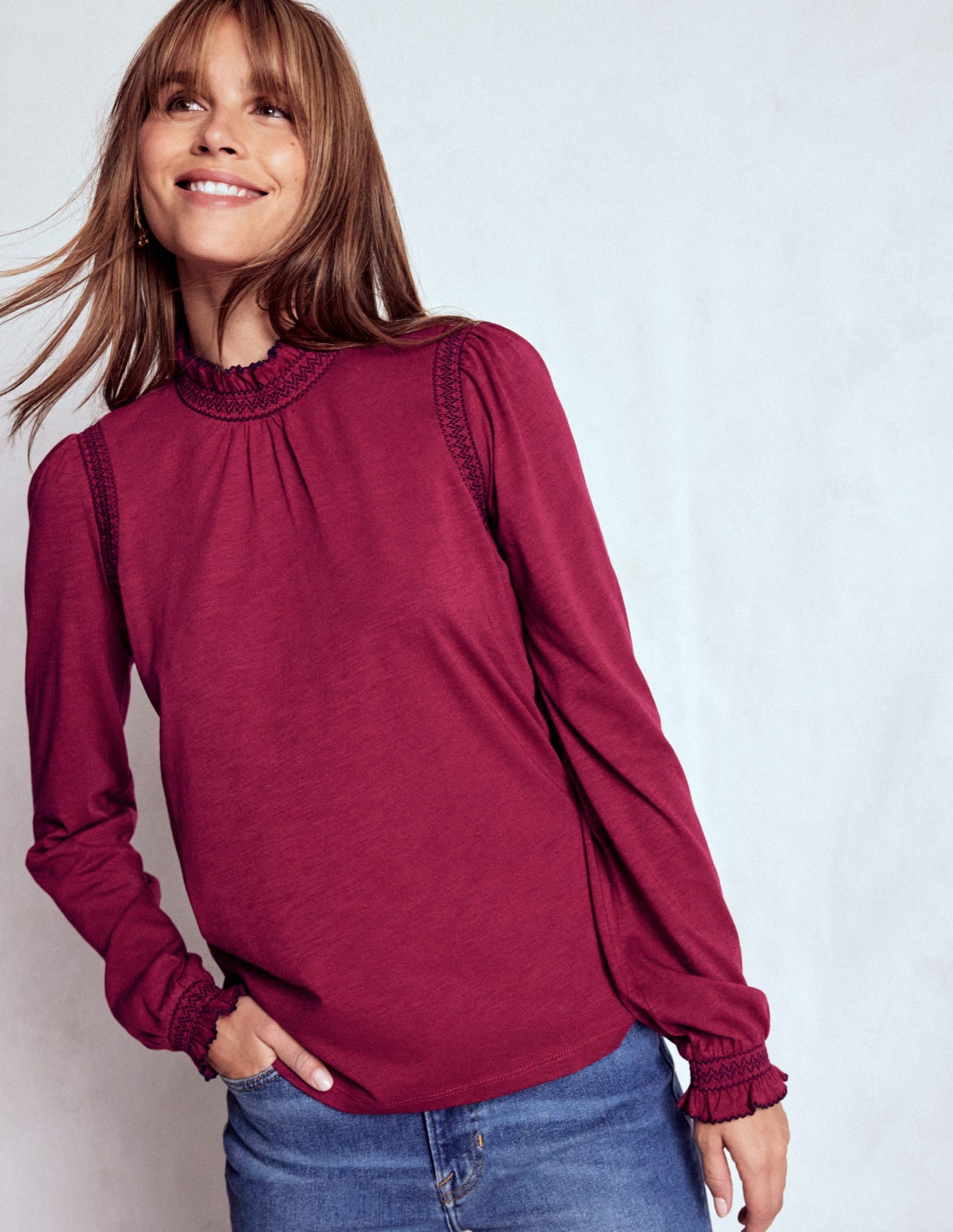 Tia Smocked Neck Jersey Top-Ruby Red - Image 5