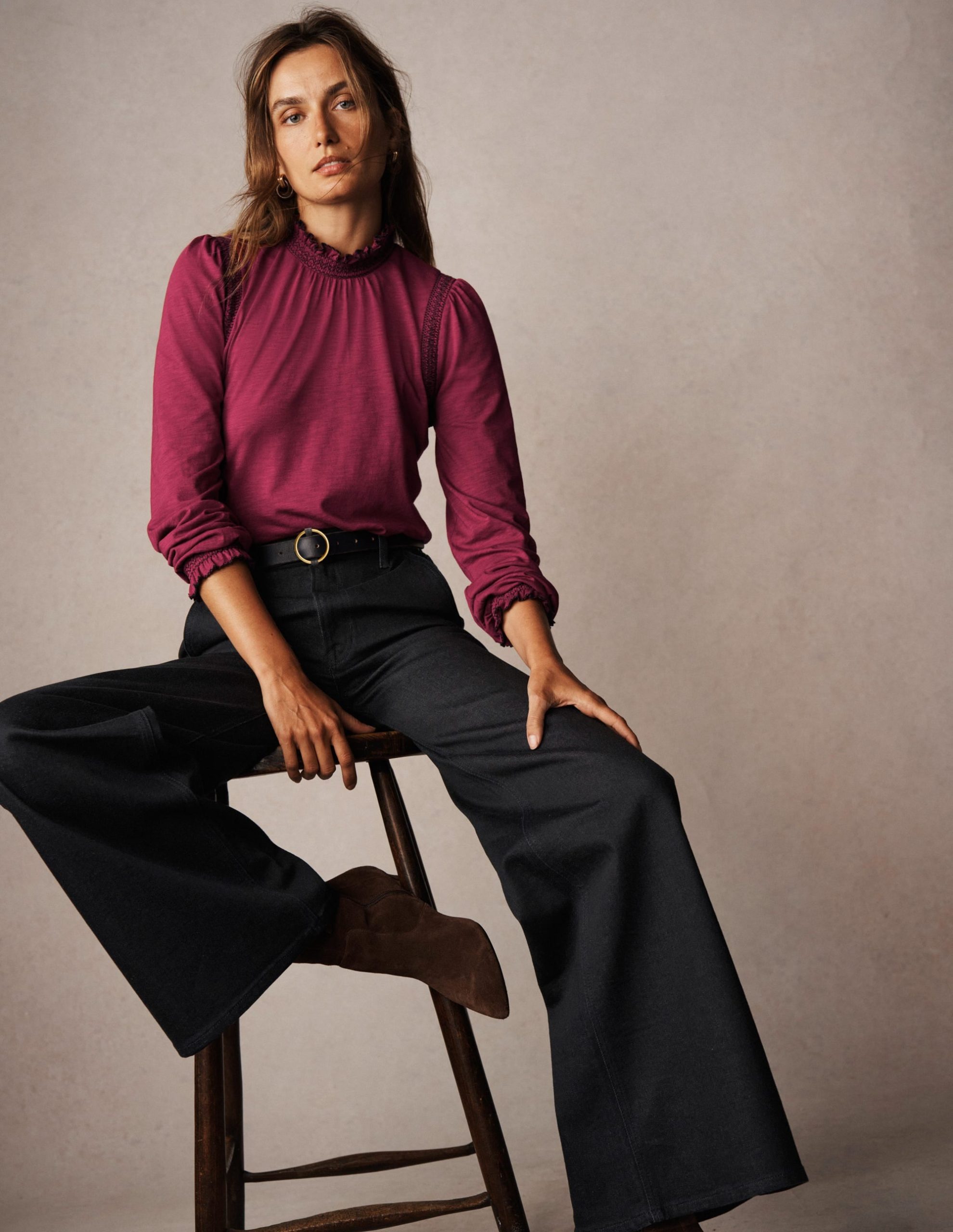 Tia Smocked Neck Jersey Top-Ruby Red