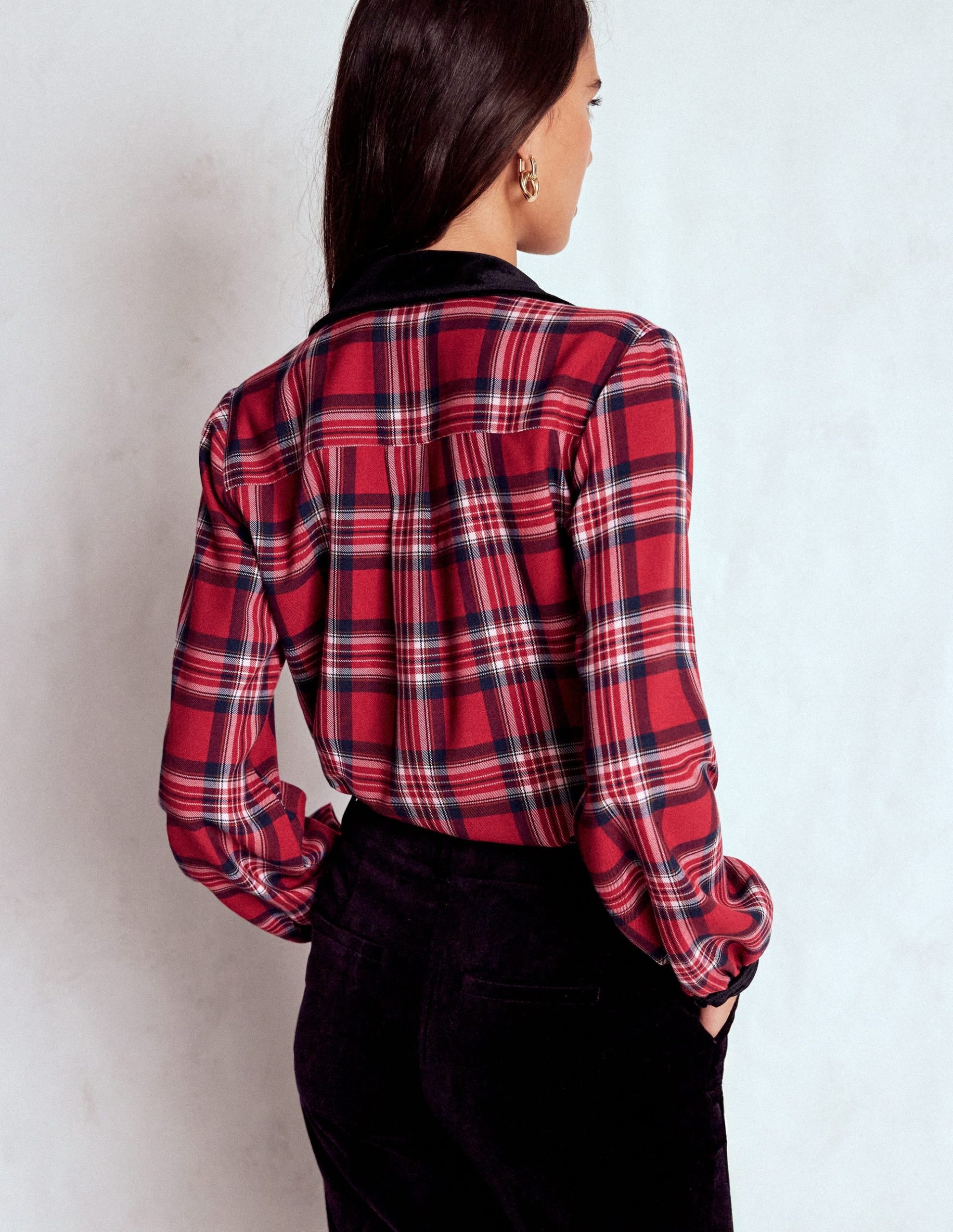 Velvet Collared Check Shirt-Red Check - Image 4