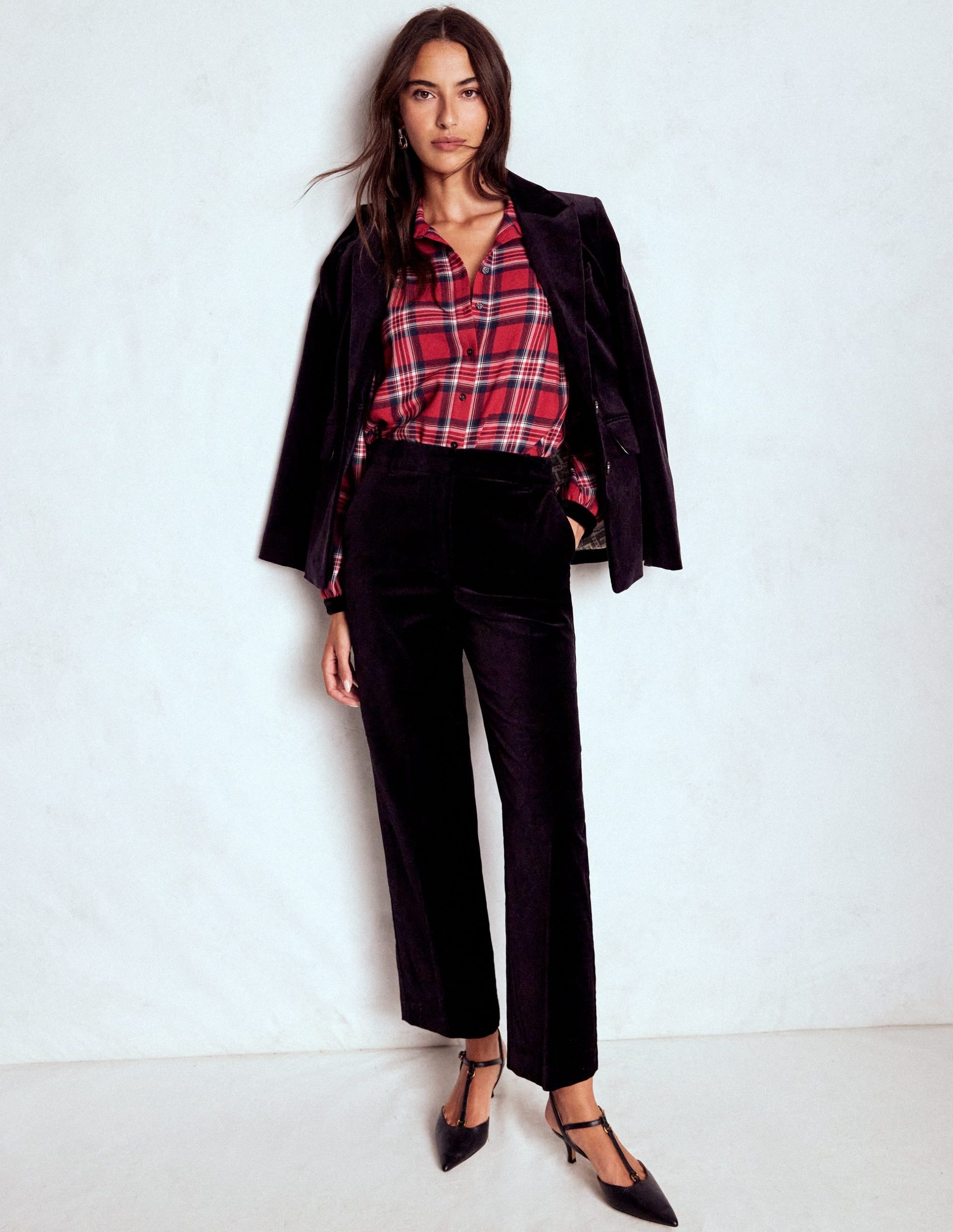 Velvet Collared Check Shirt-Red Check - Image 6