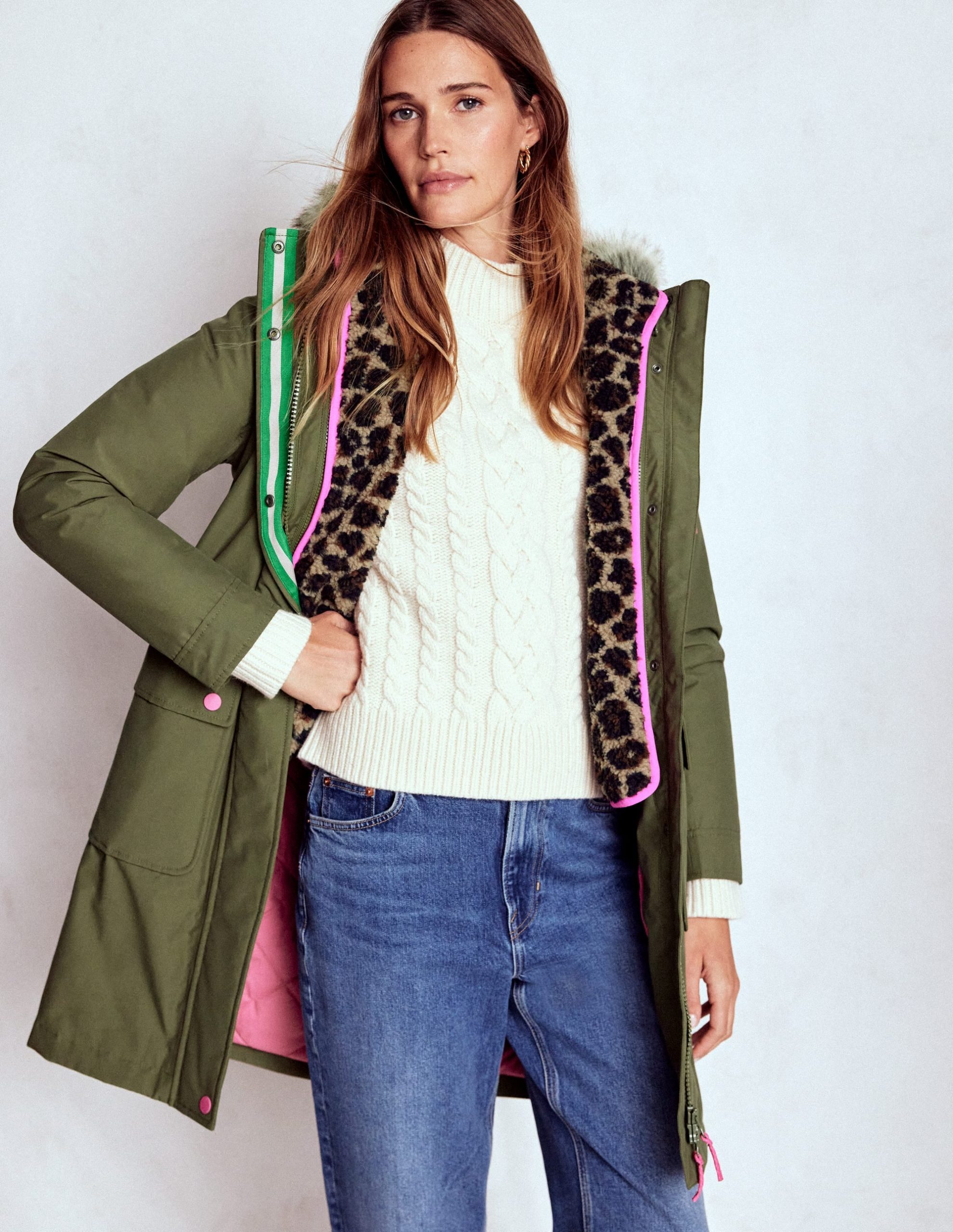 4-In-1 Hooded Parka-Green. Navy. Leopard Borg - Image 4
