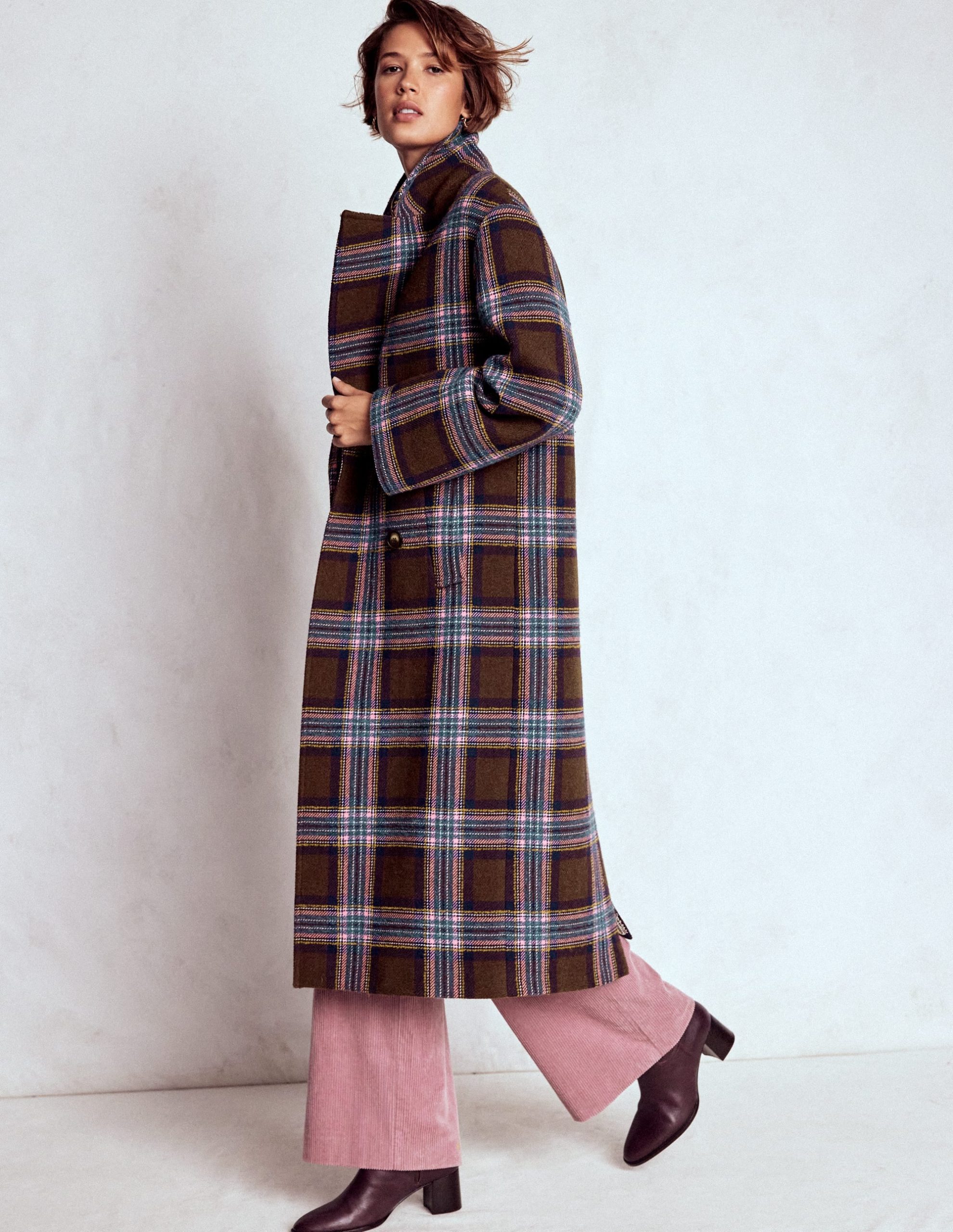 Cocoon Wool Coat-Brown. Teal and Pink Check - Image 2