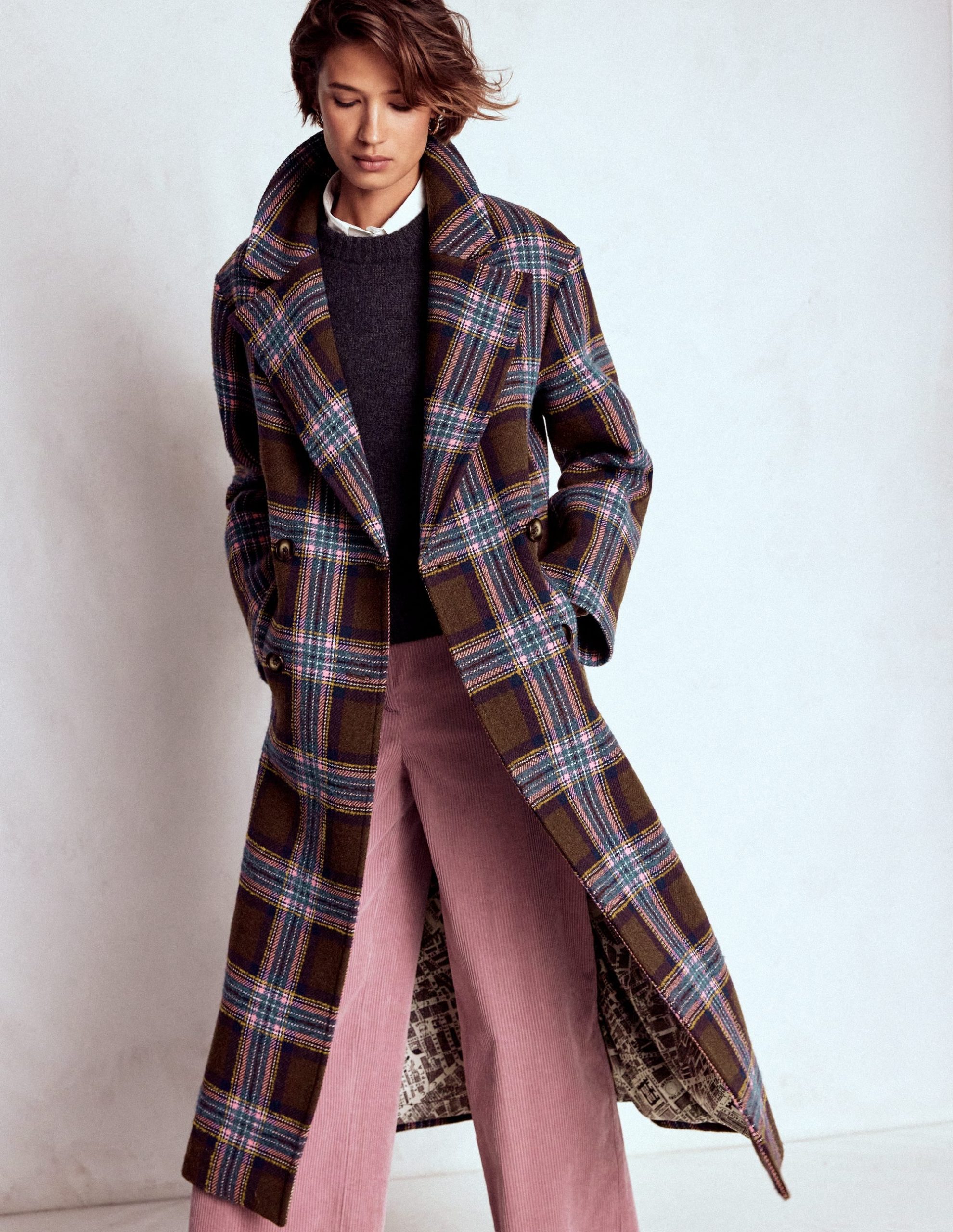 Cocoon Wool Coat-Brown. Teal and Pink Check - Image 5