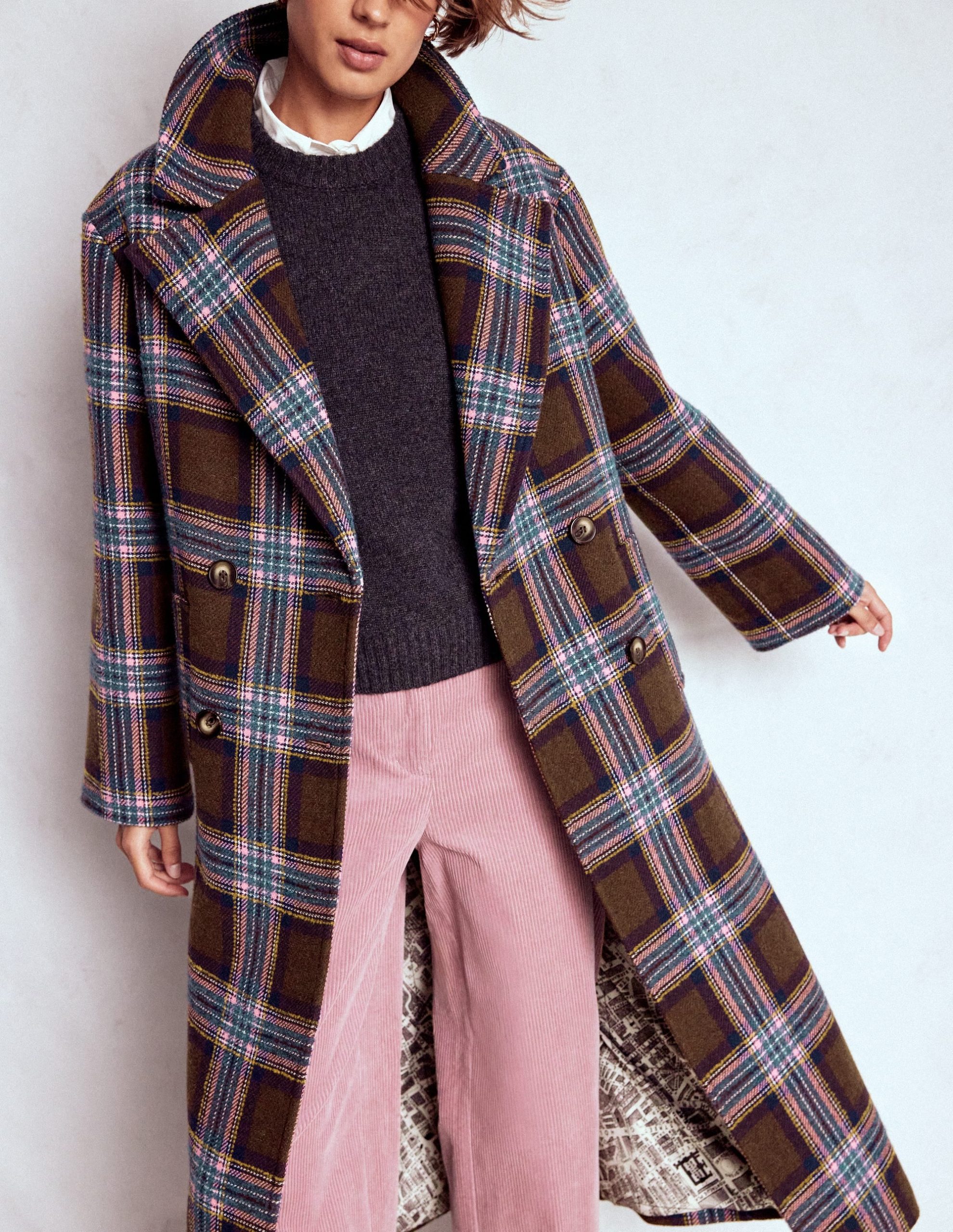 Cocoon Wool Coat-Brown. Teal and Pink Check - Image 6