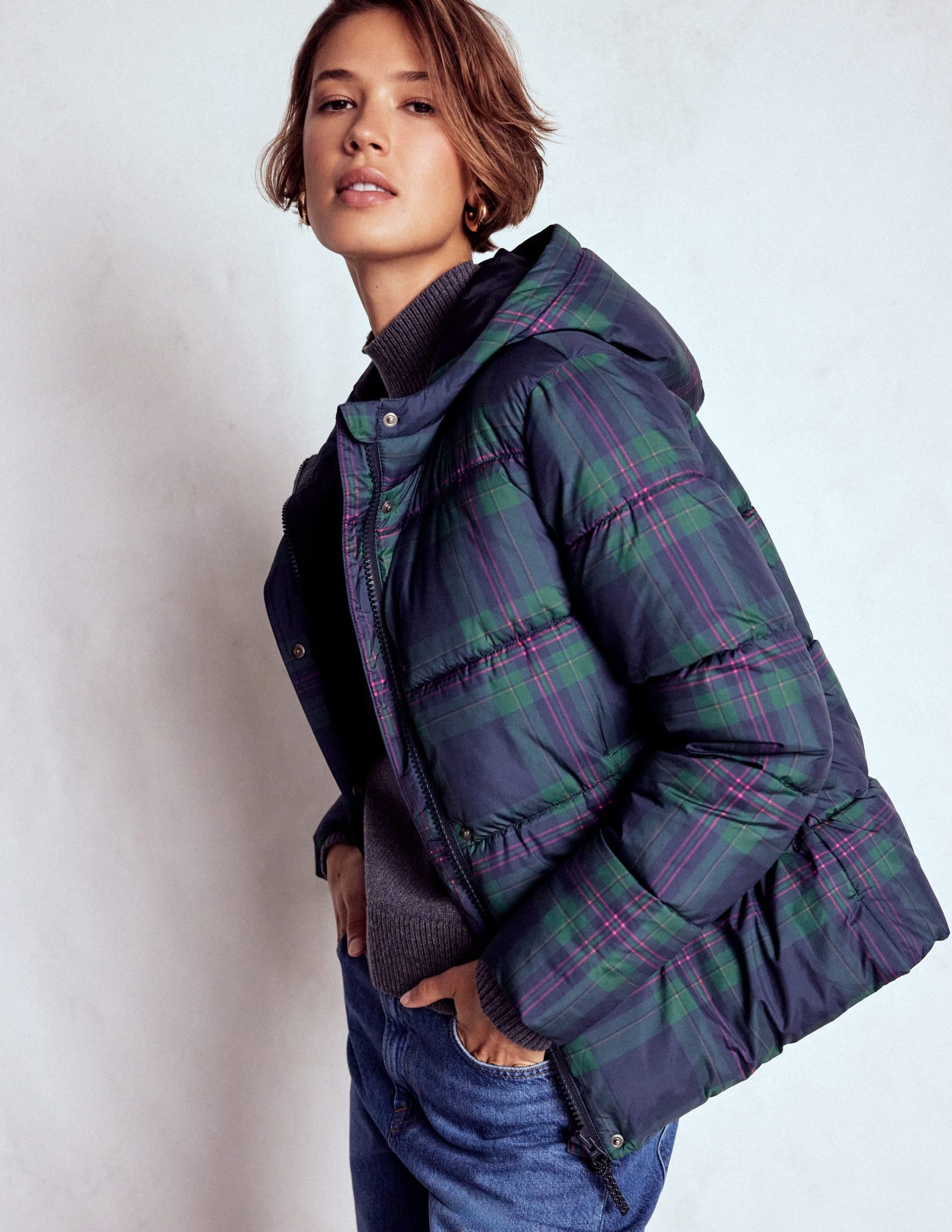 Padded Puffer Coat-Navy & Green Tonal Check - Image 2