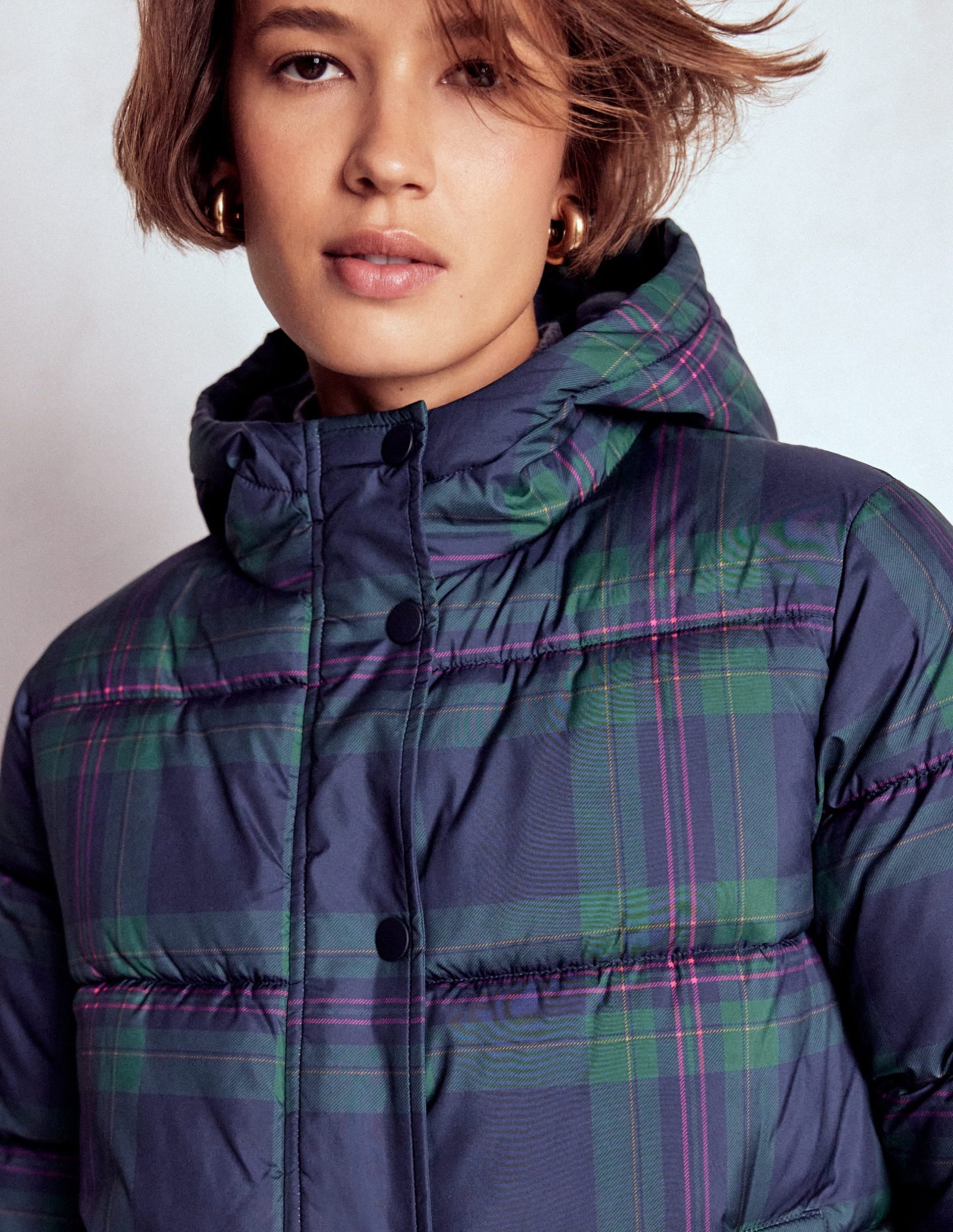 Padded Puffer Coat-Navy & Green Tonal Check - Image 3