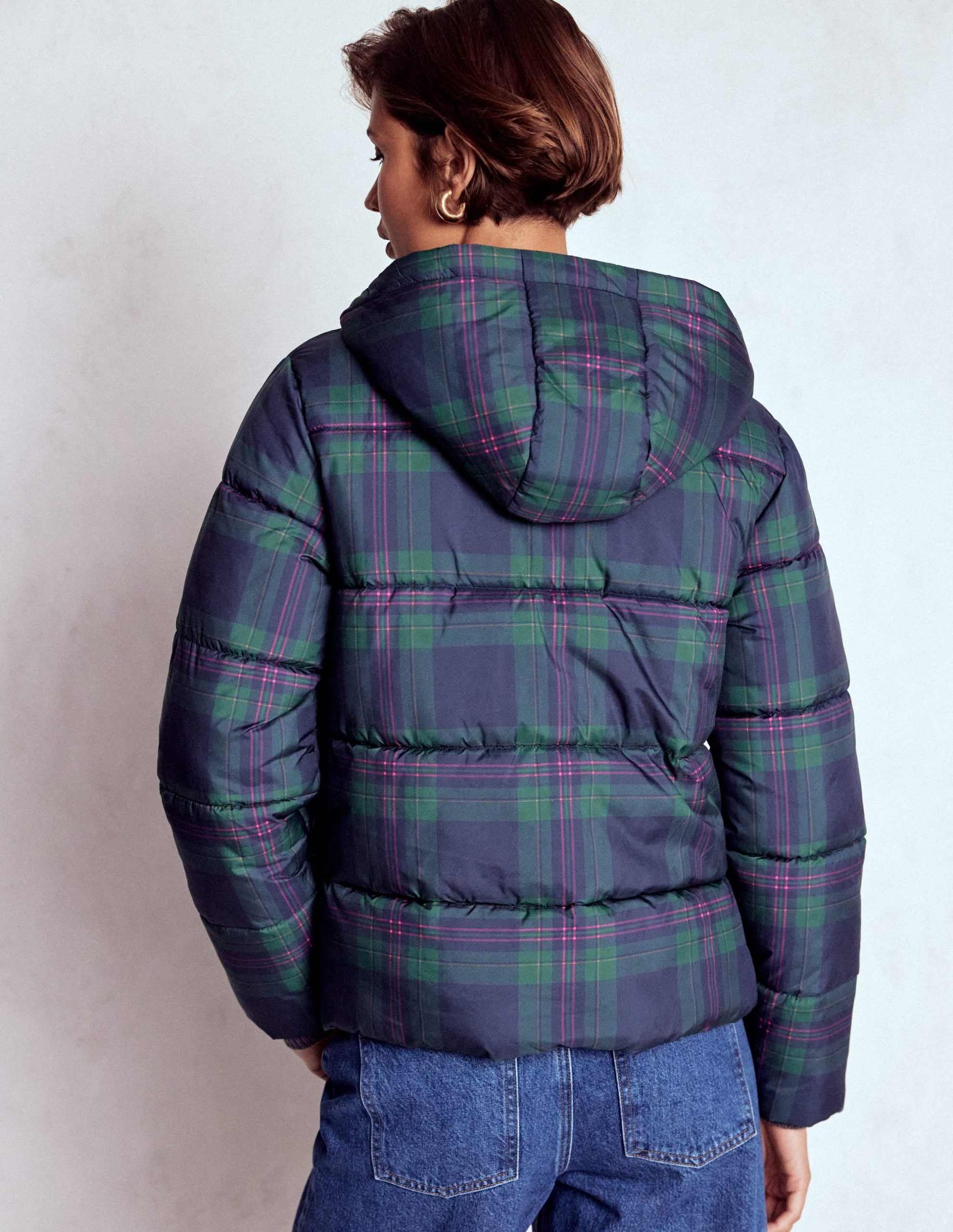 Padded Puffer Coat-Navy & Green Tonal Check - Image 4