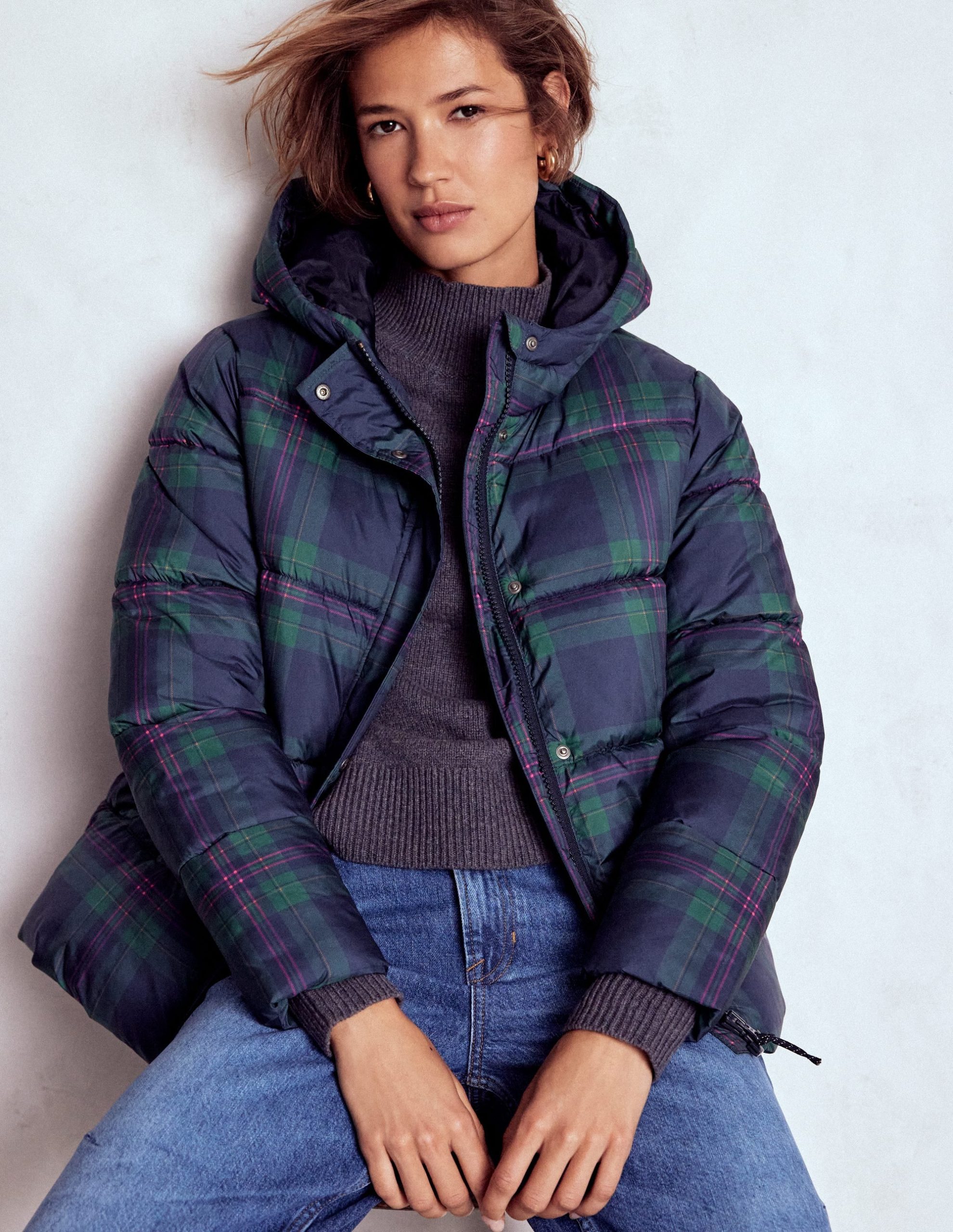 Padded Puffer Coat-Navy & Green Tonal Check - Image 5